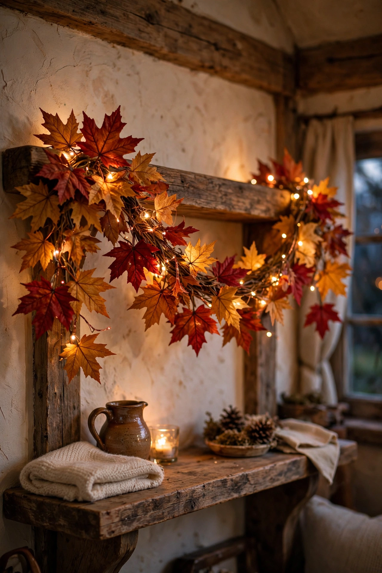 Red and orange maple leaf garland draped along a wooden shelf with warm fairy lights