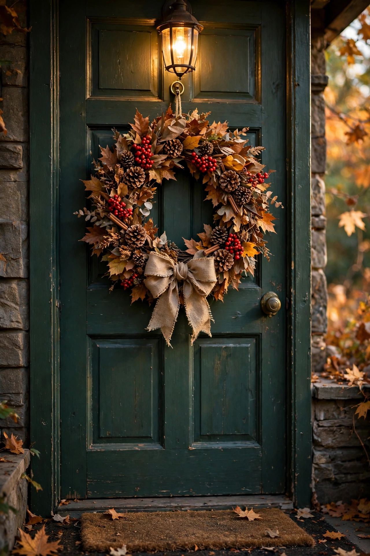 Rustic autumn wreath with berries and pinecones hanging on a dark front door