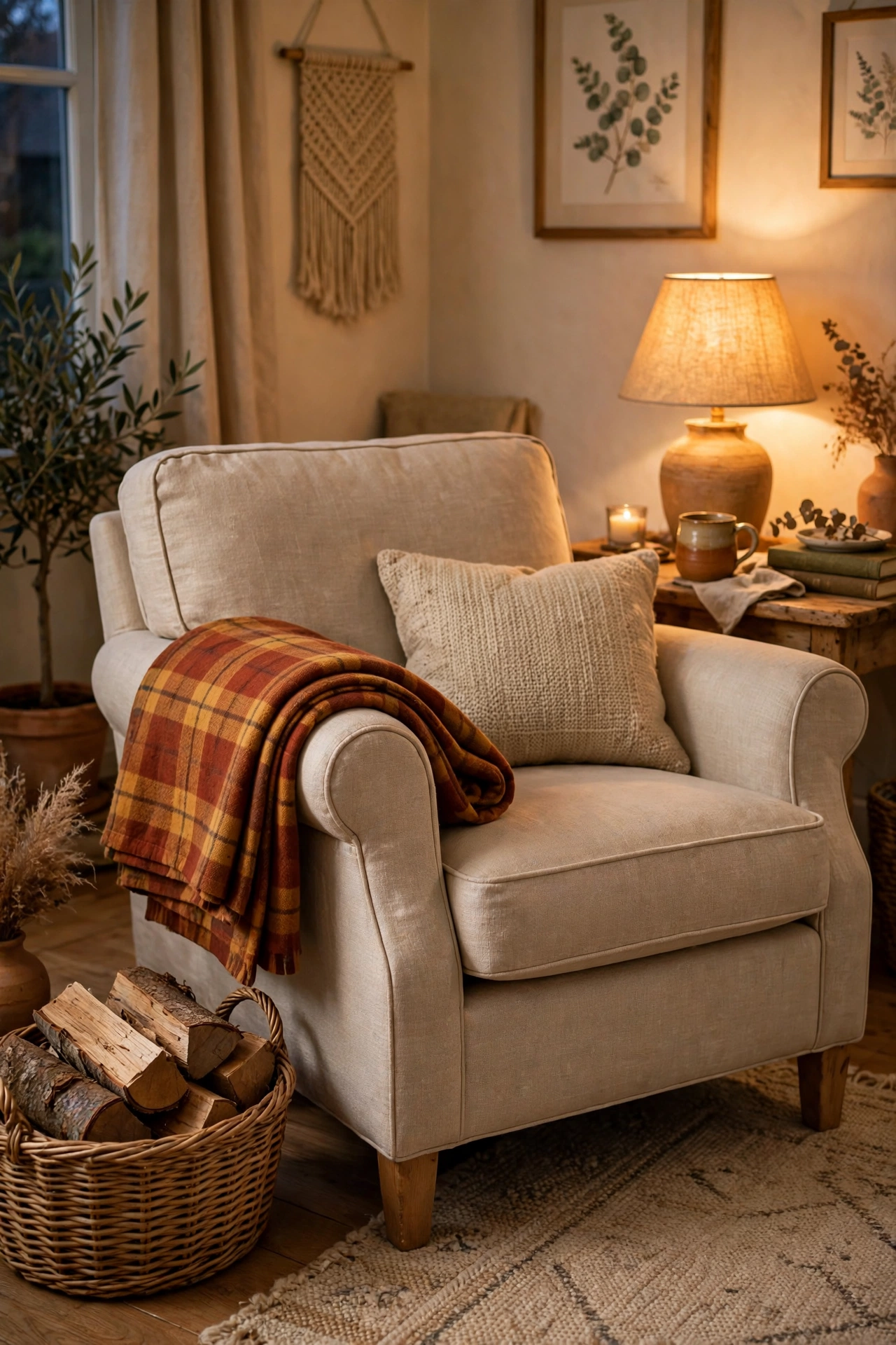 Rust and mustard plaid flannel throw draped over a beige armchair in a cosy living room