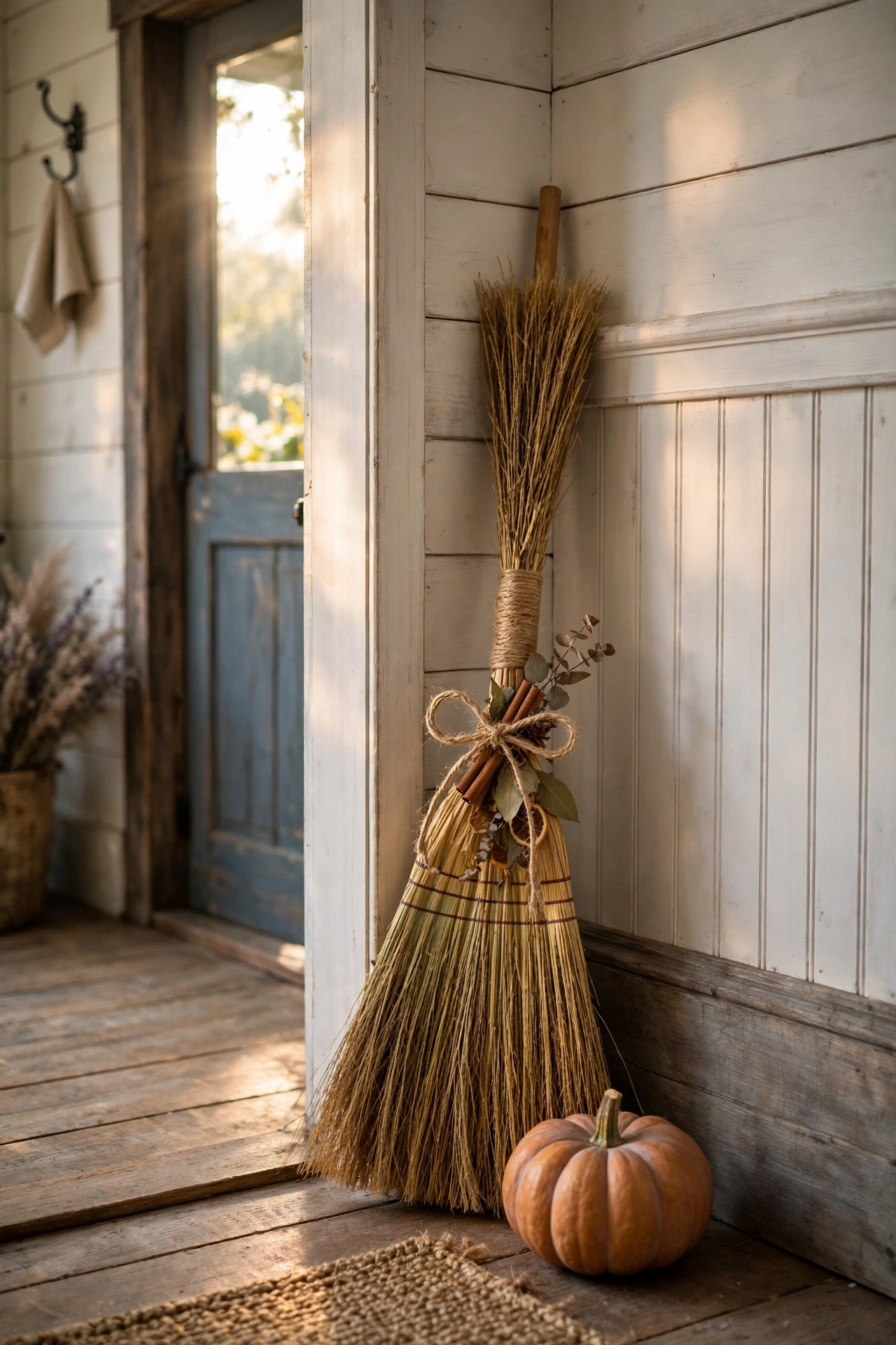 Cinnamon scented decorative broom with a twine bow leaning in a farmhouse entryway