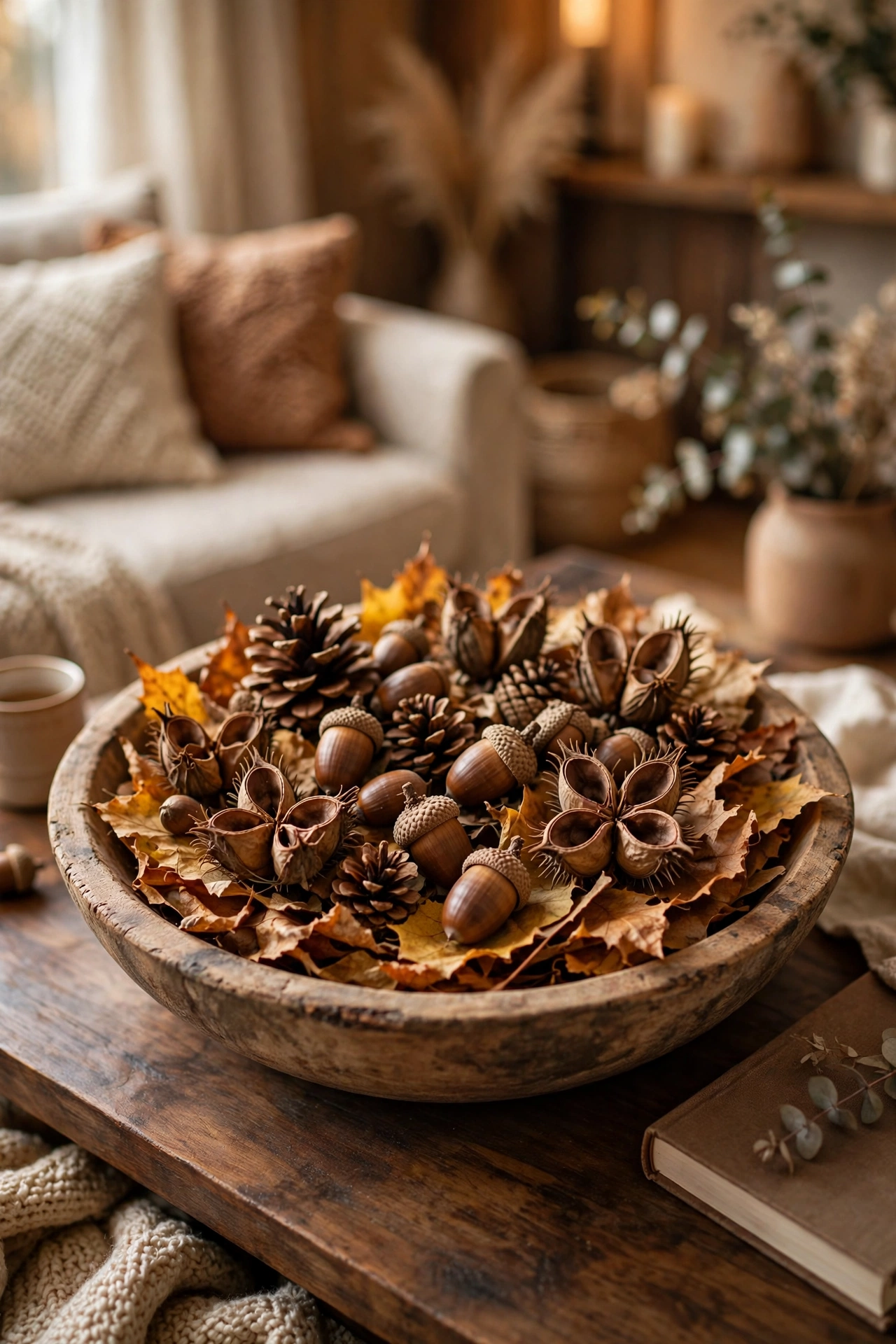 Shallow wooden bowl filled with acorns, pinecones and dried seed pods on a coffee table