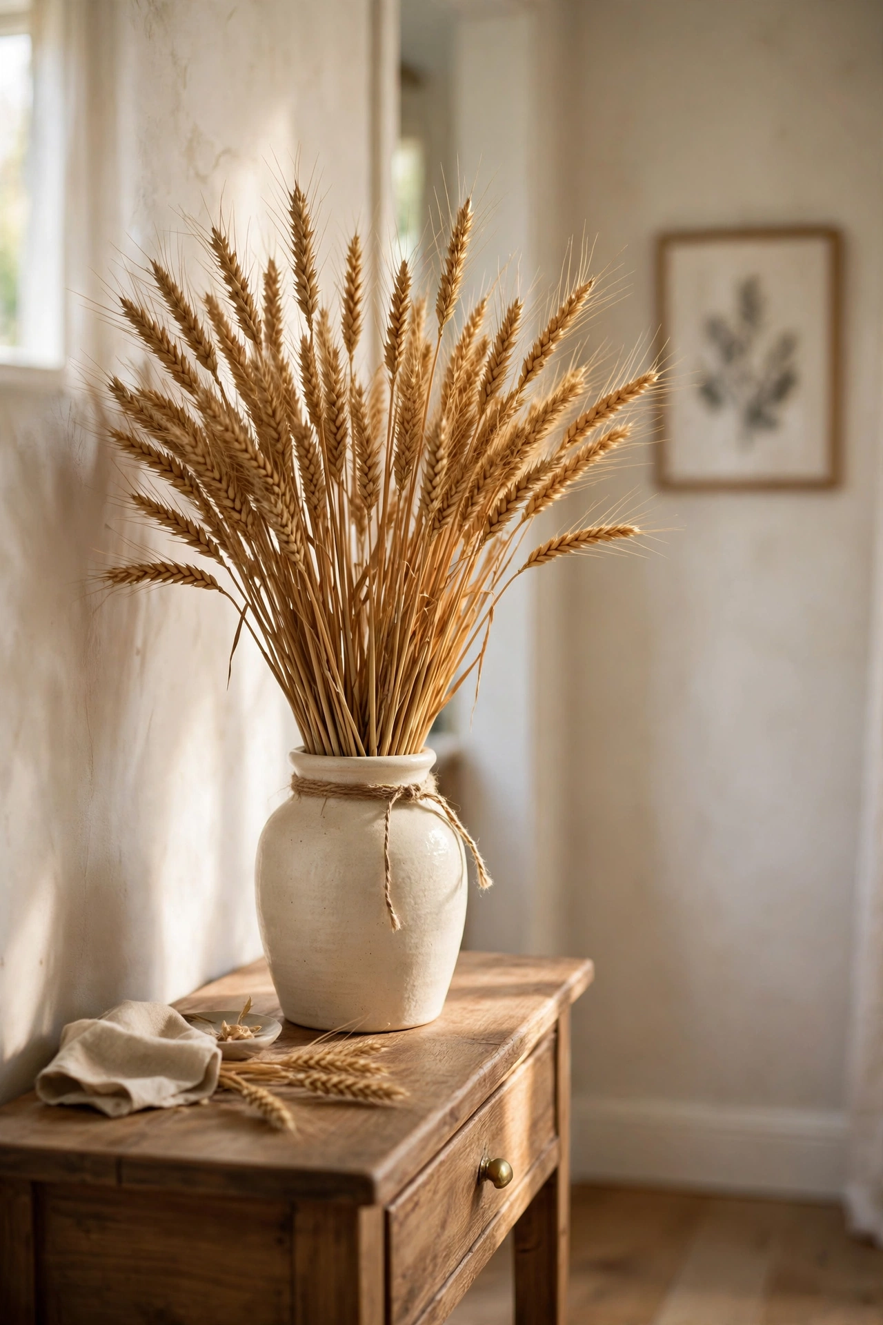 Tall bundle of dried golden wheat stalks in a ceramic vase on a hallway console