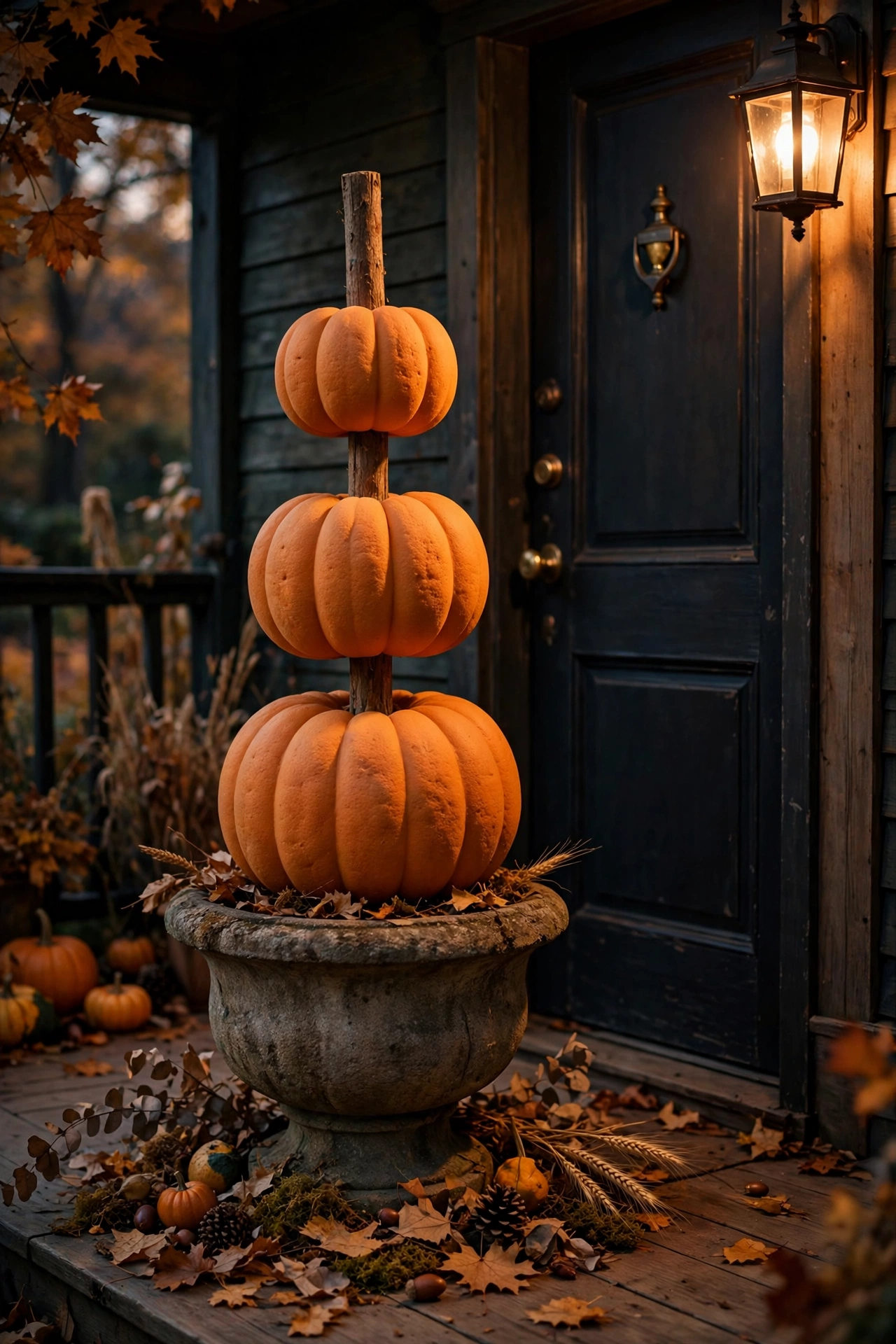 Stacked foam pumpkin topiary in an urn beside a front door on an autumn porch