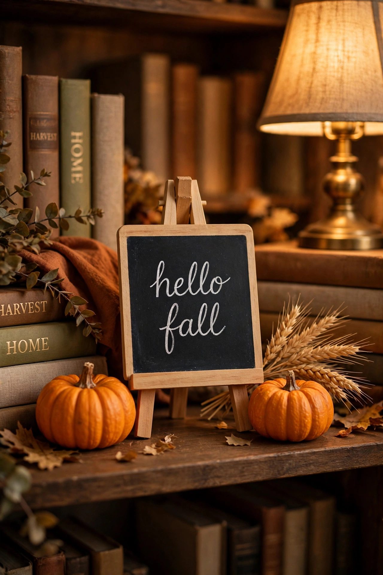 Small chalkboard hello fall sign on a mini easel with mini pumpkins on a shelf