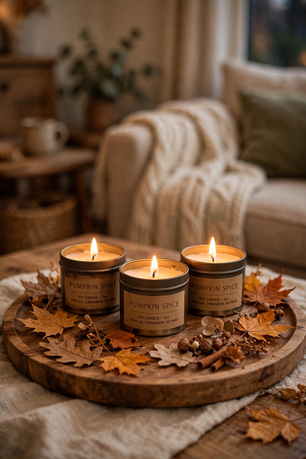 Three lit pumpkin spice candle tins on a wooden tray with autumn leaves