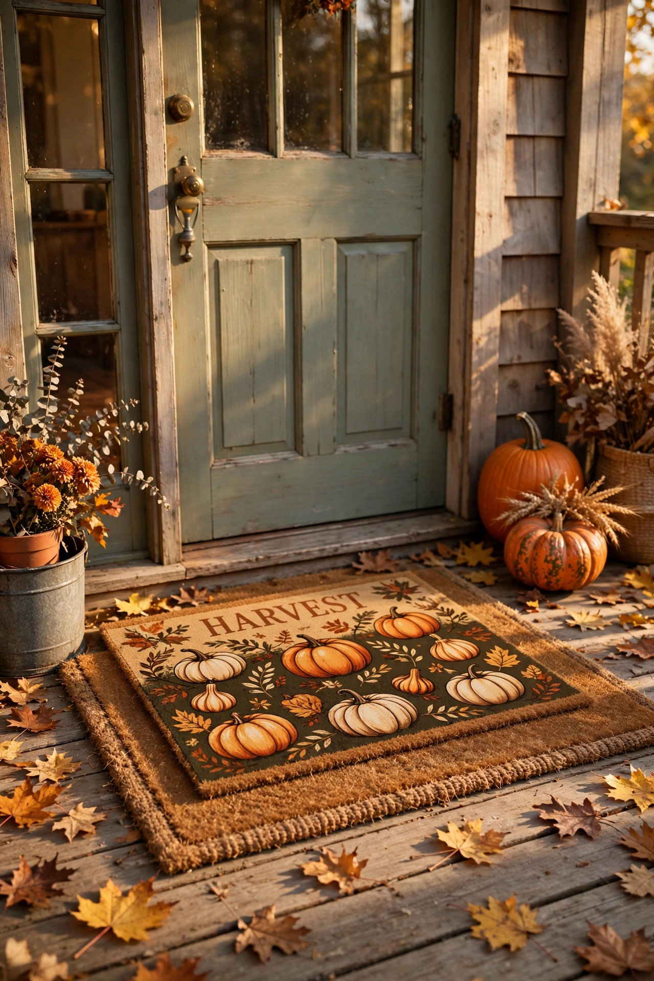 Harvest pumpkin print doormat layered over a plain mat at a front door