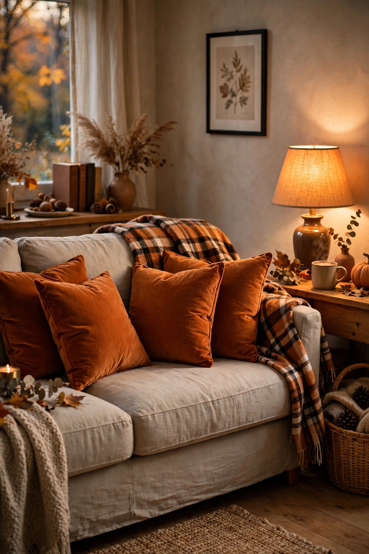 Burnt orange velvet pillow covers on a neutral linen sofa in an autumn living room