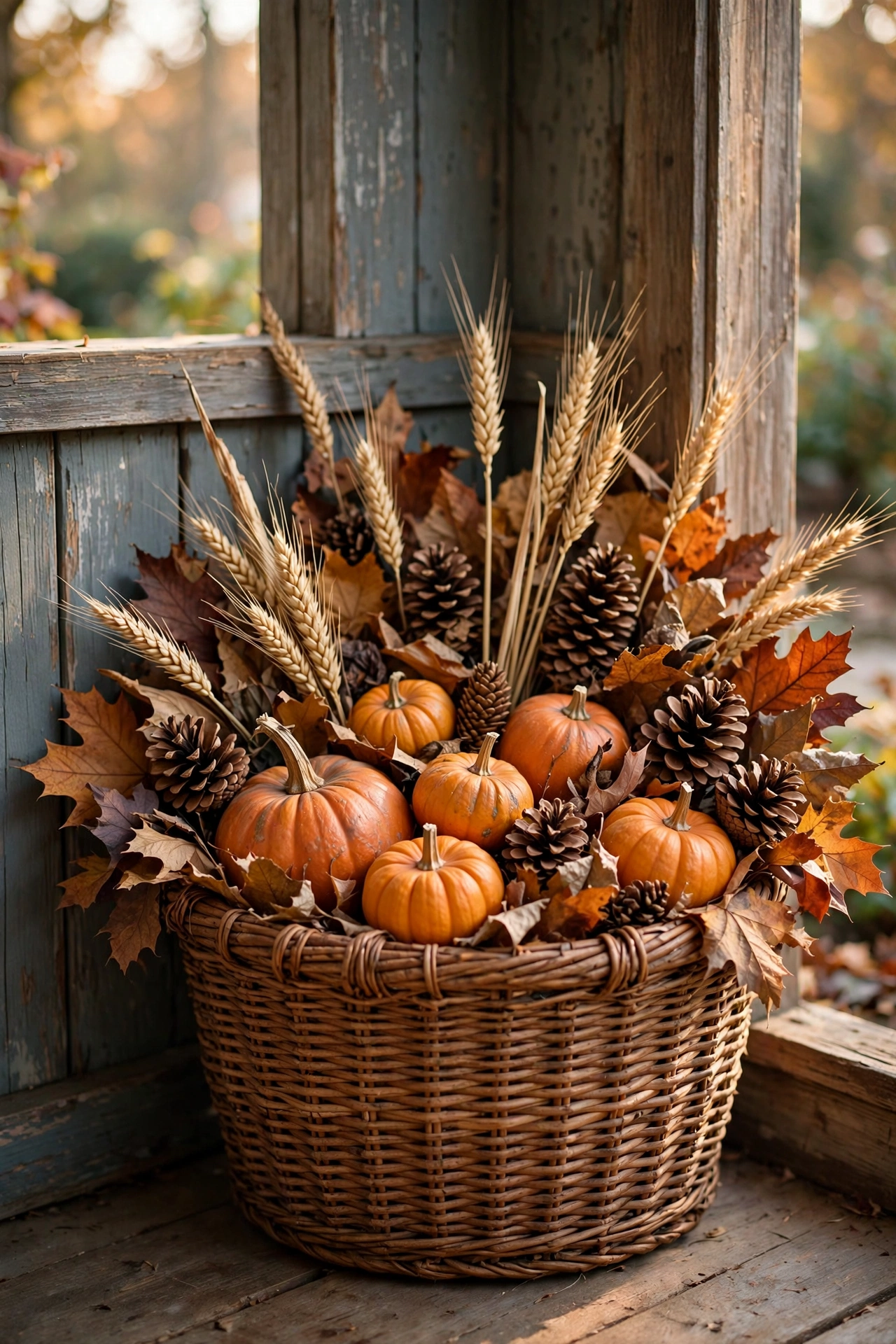Woven basket filled with pumpkins, wheat stalks, pinecones and autumn leaves in a porch corner