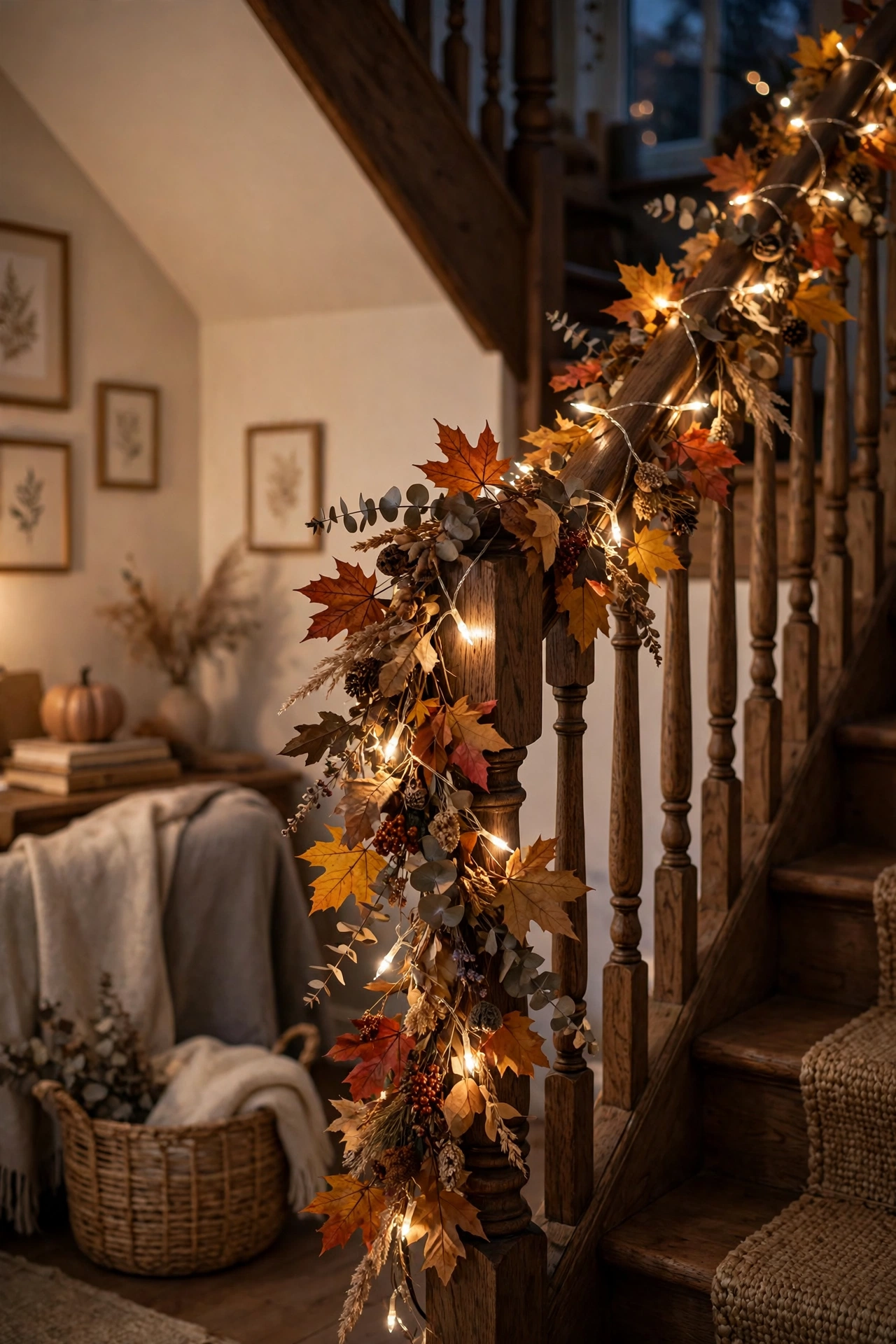 Warm white battery string lights woven through a maple leaf garland on a banister