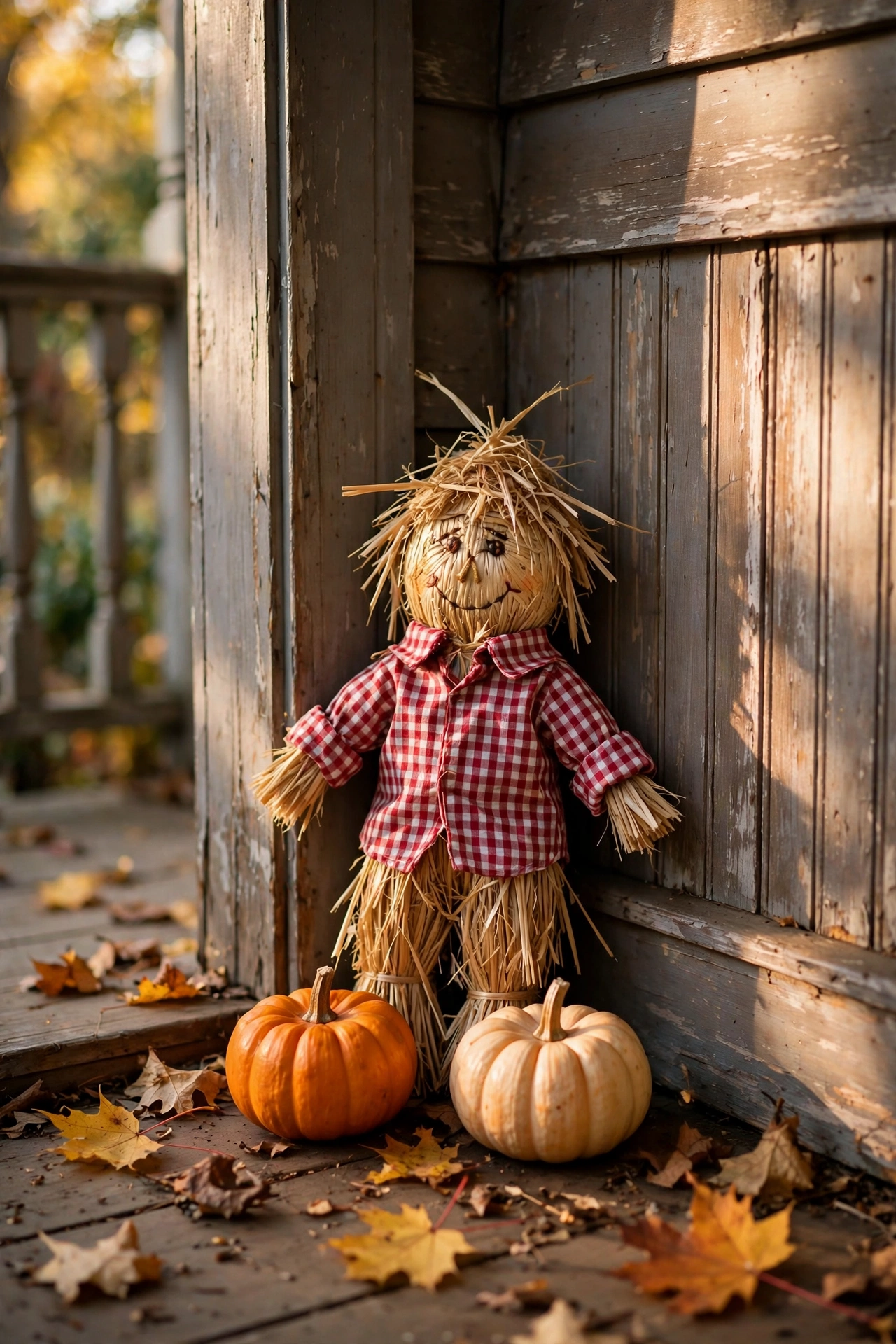 Small straw scarecrow with mini pumpkins at its feet on an autumn porch