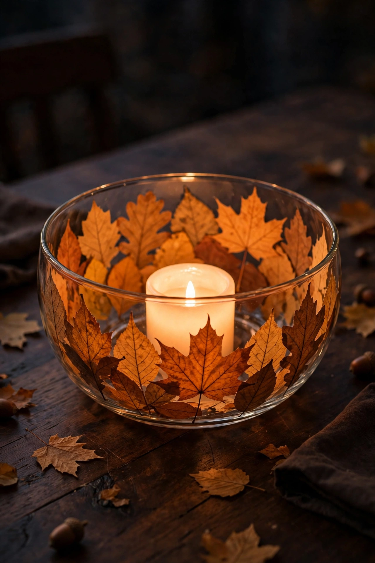 Glass bowl lined with pressed autumn leaves glowing around a battery candle