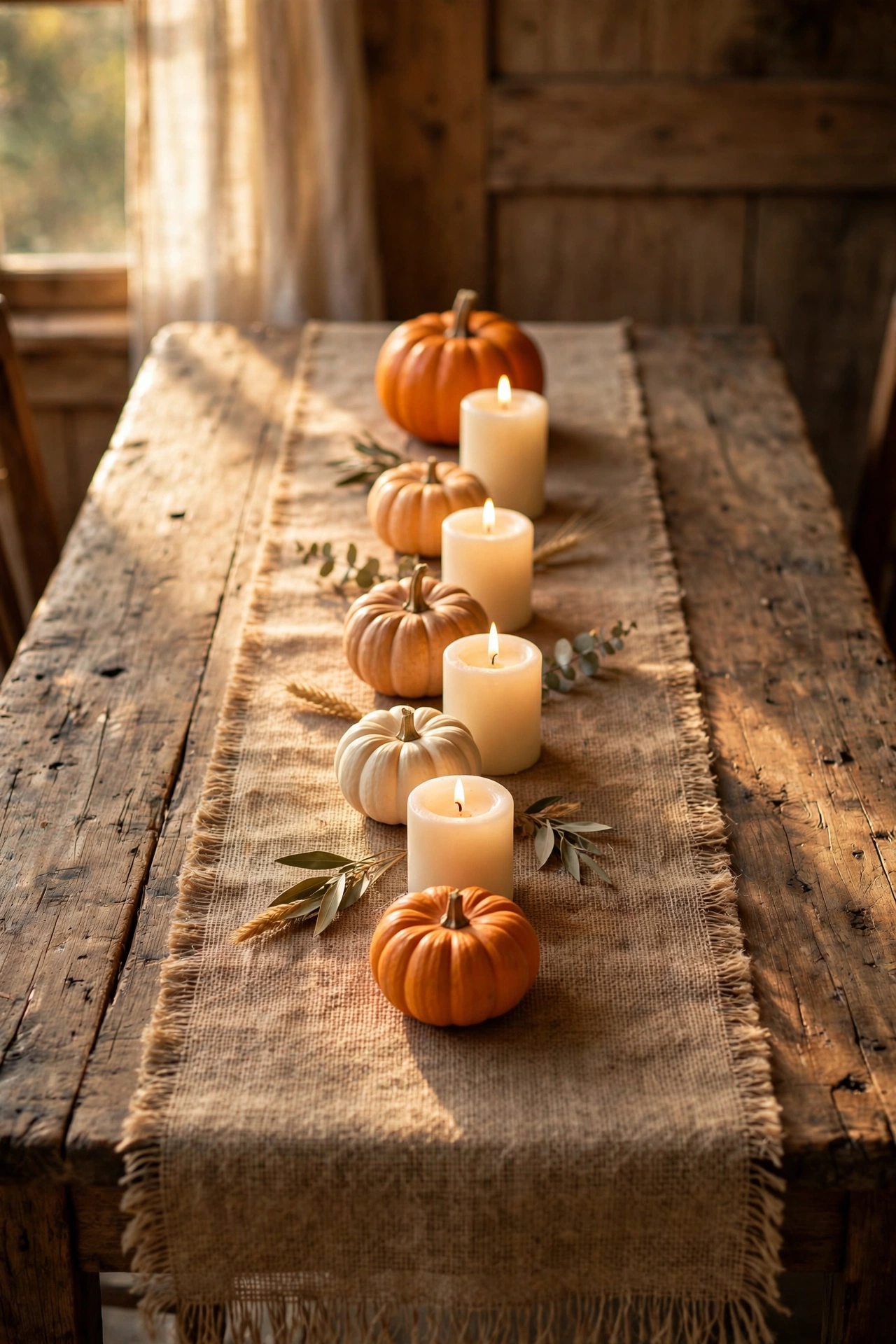 Burlap table runner with small pumpkins and candles on a wooden dining table