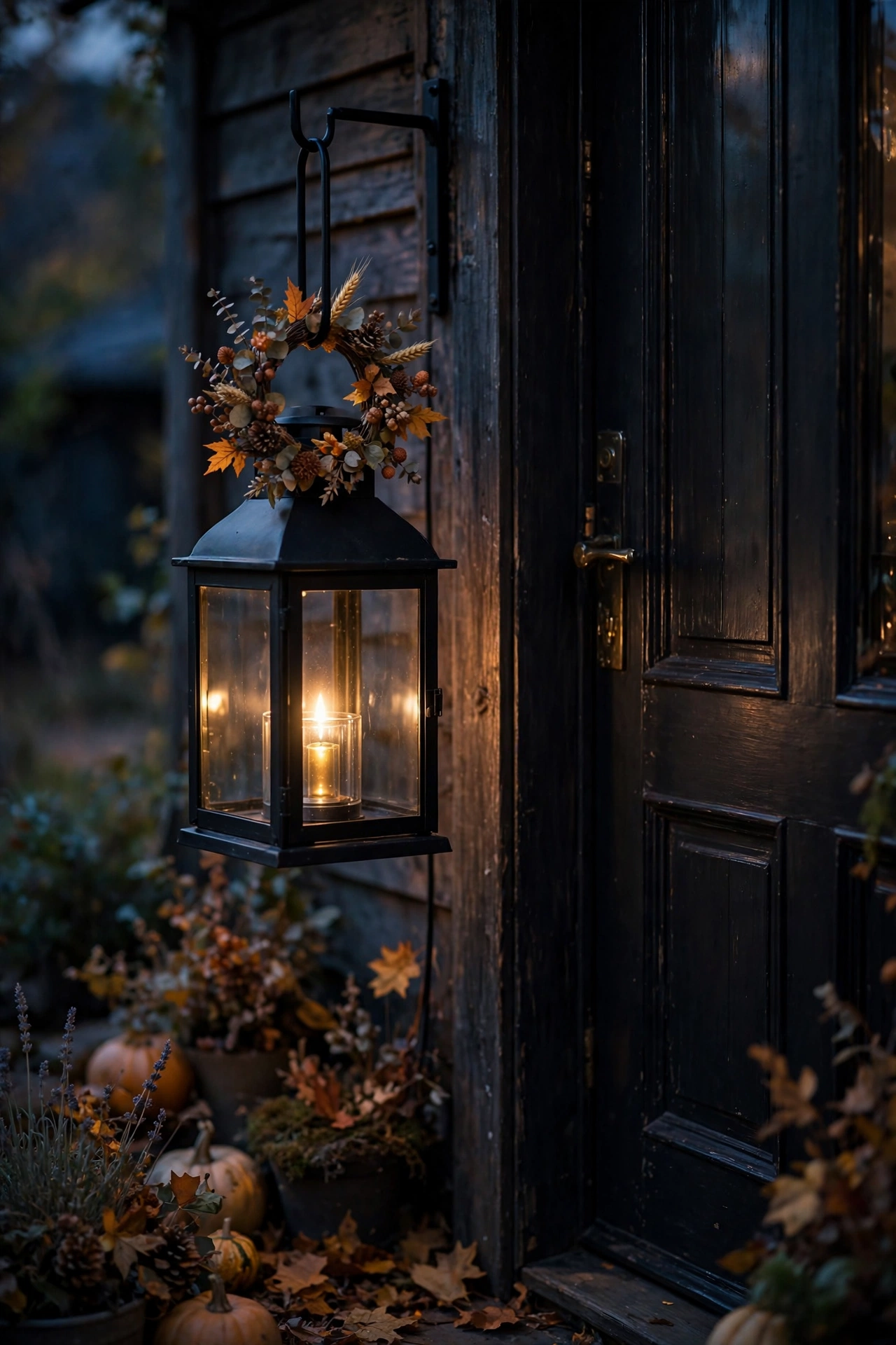 Glass porch lantern with a glowing battery candle hanging beside a front door
