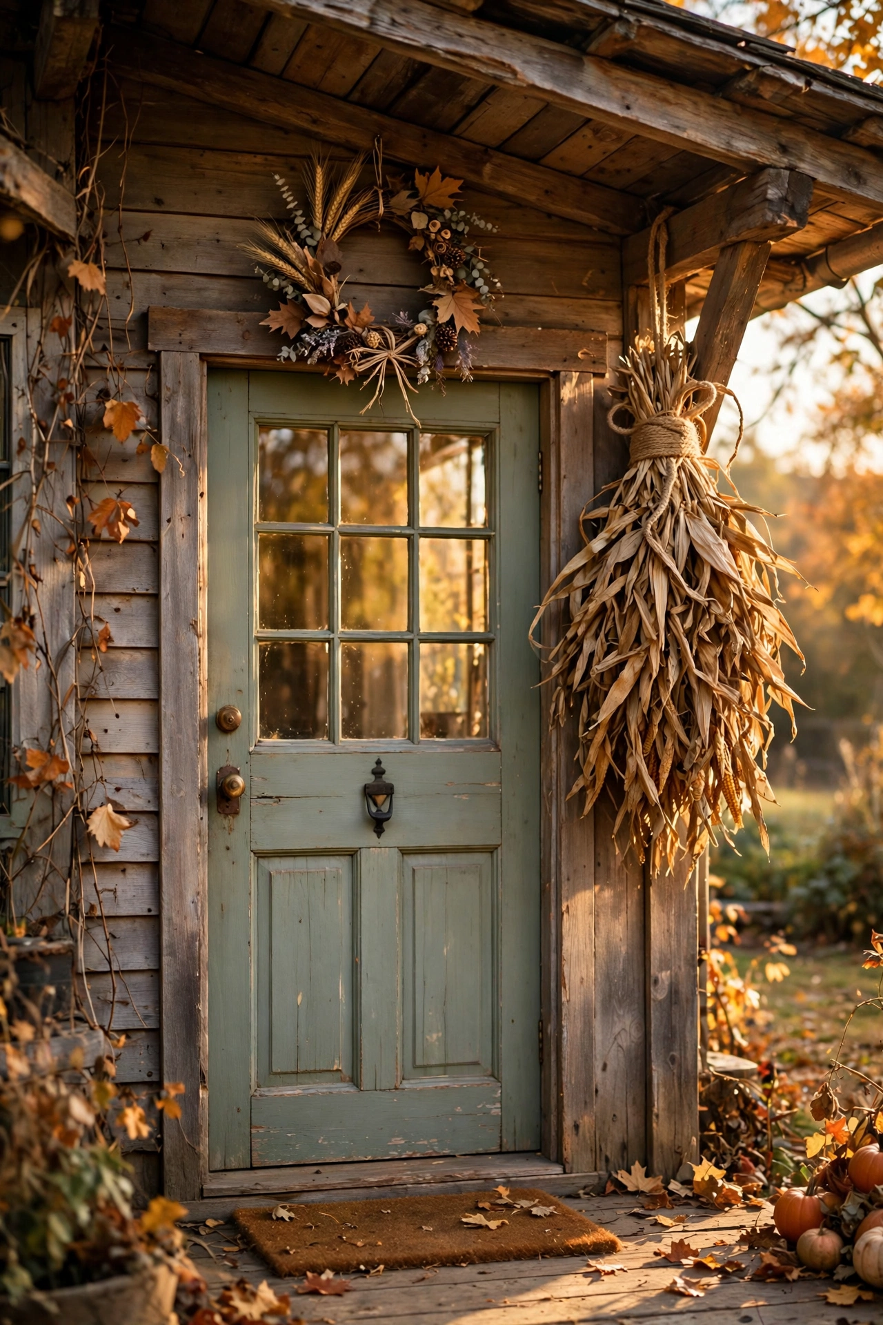 Bundle of dried corn husks tied with twine hanging beside a front door under a porch roof