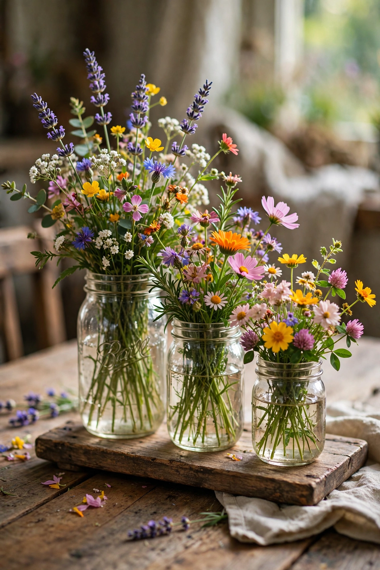 Three mason jars with wildflowers in staggered heights on a rustic table