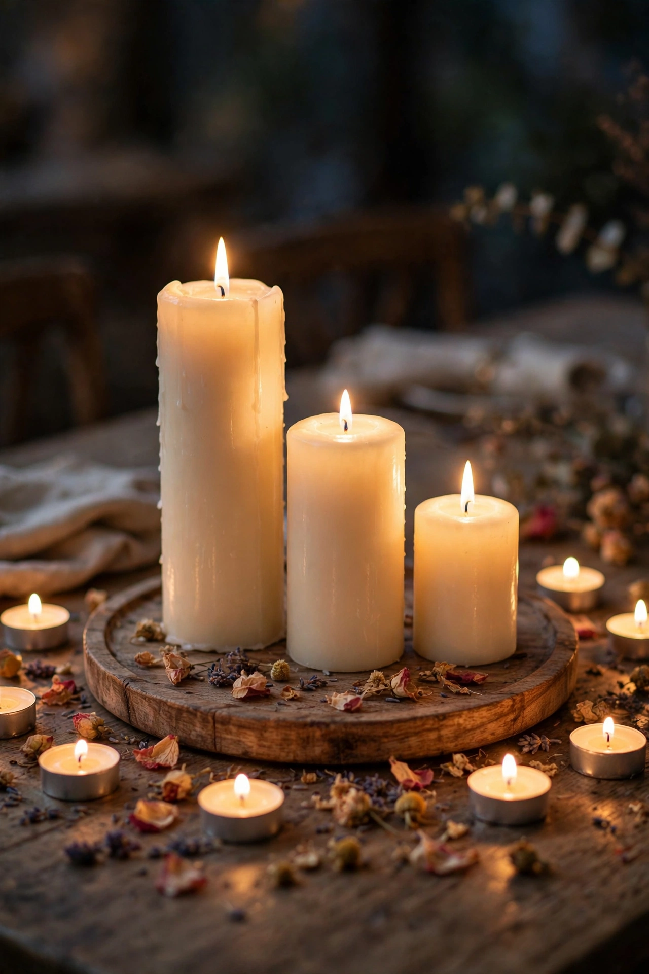 Three cream pillar candles of different heights on a round wooden tray with tea lights