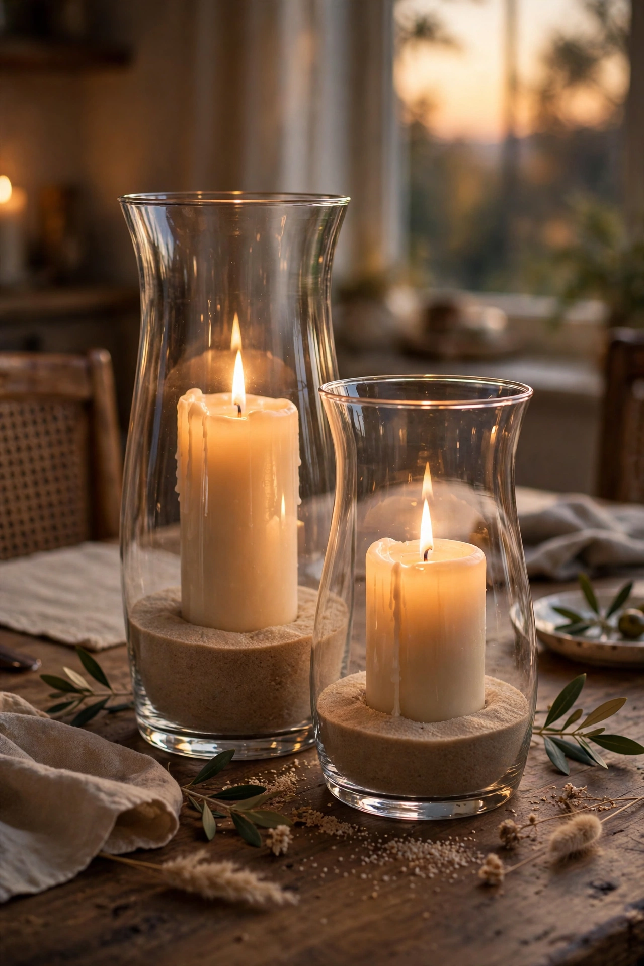 Glass hurricane vases with candles and sand grouped on a dining table