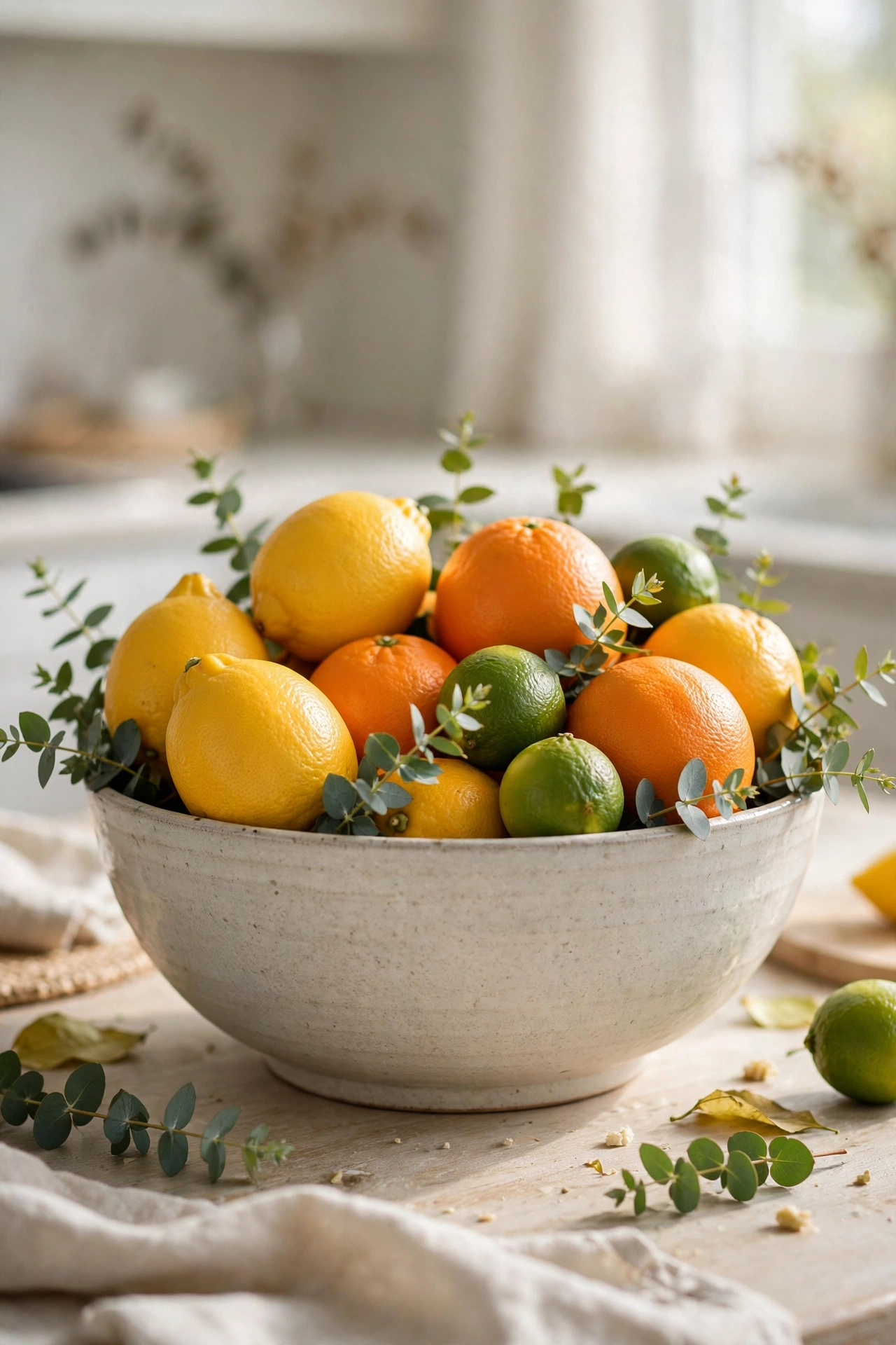 Wide bowl of lemons, oranges and limes with eucalyptus sprigs on a kitchen table