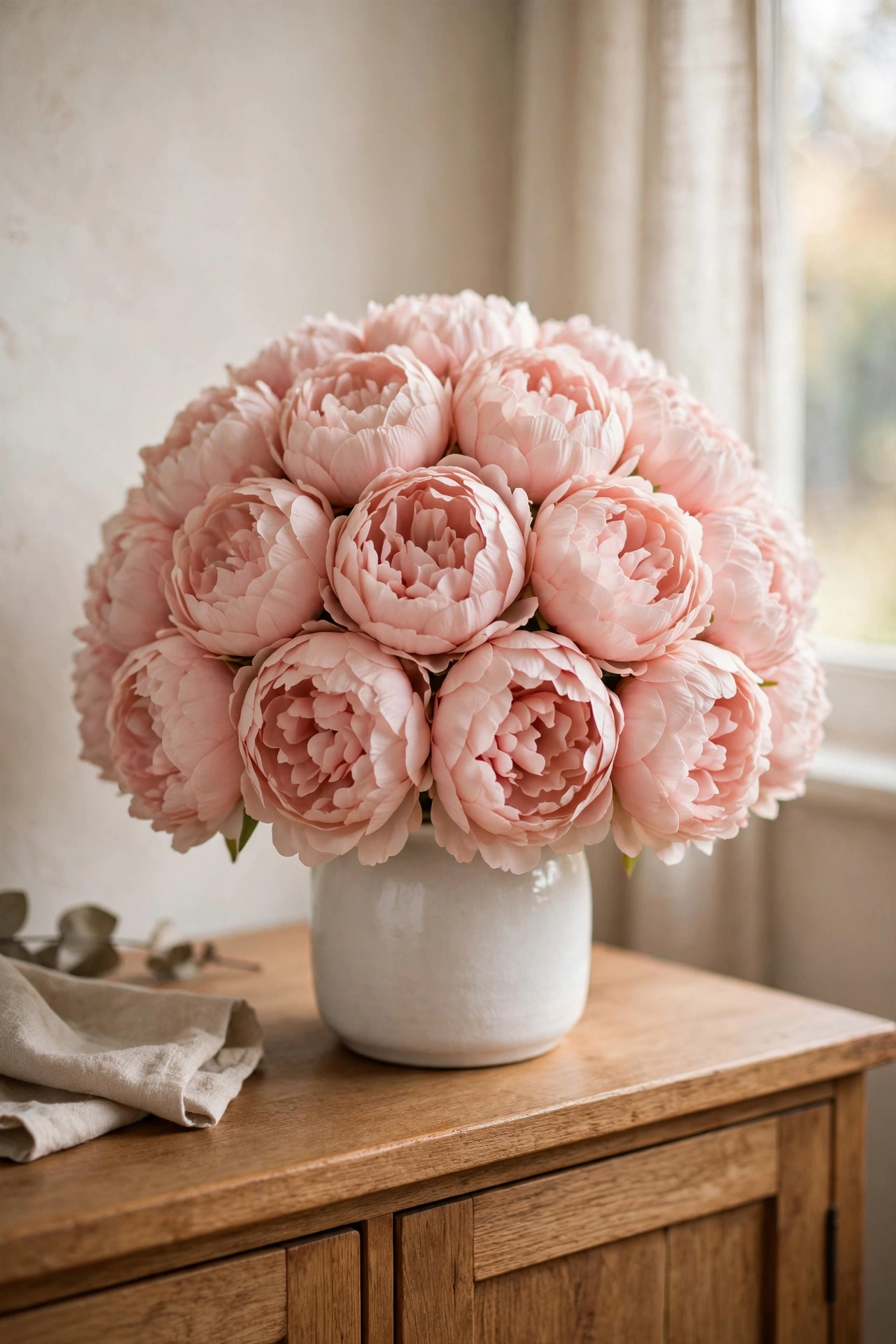 Blush faux peonies arranged in a dome in a short white vase on a sideboard