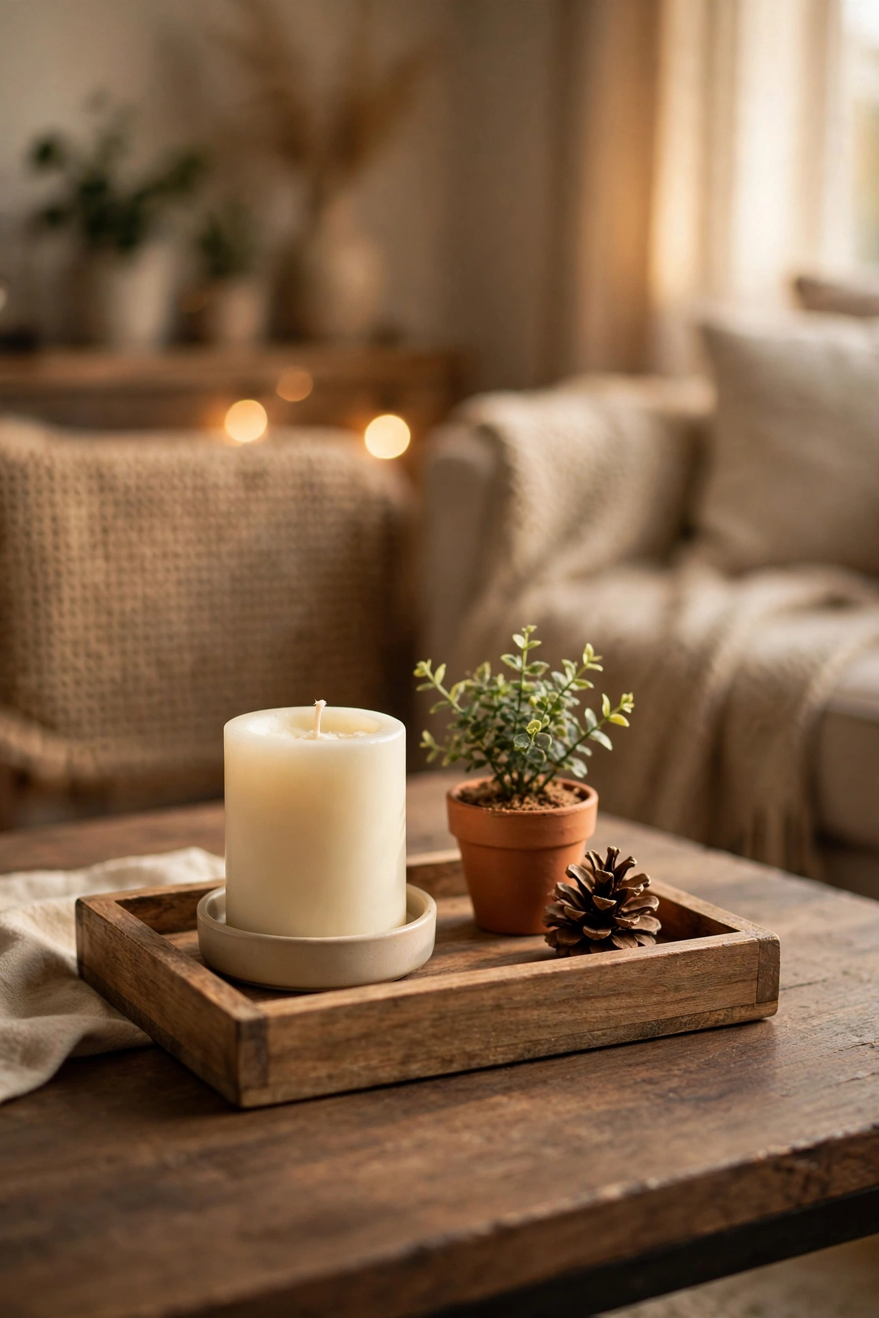 Small wooden tray with a candle, tiny plant and pinecone on a coffee table