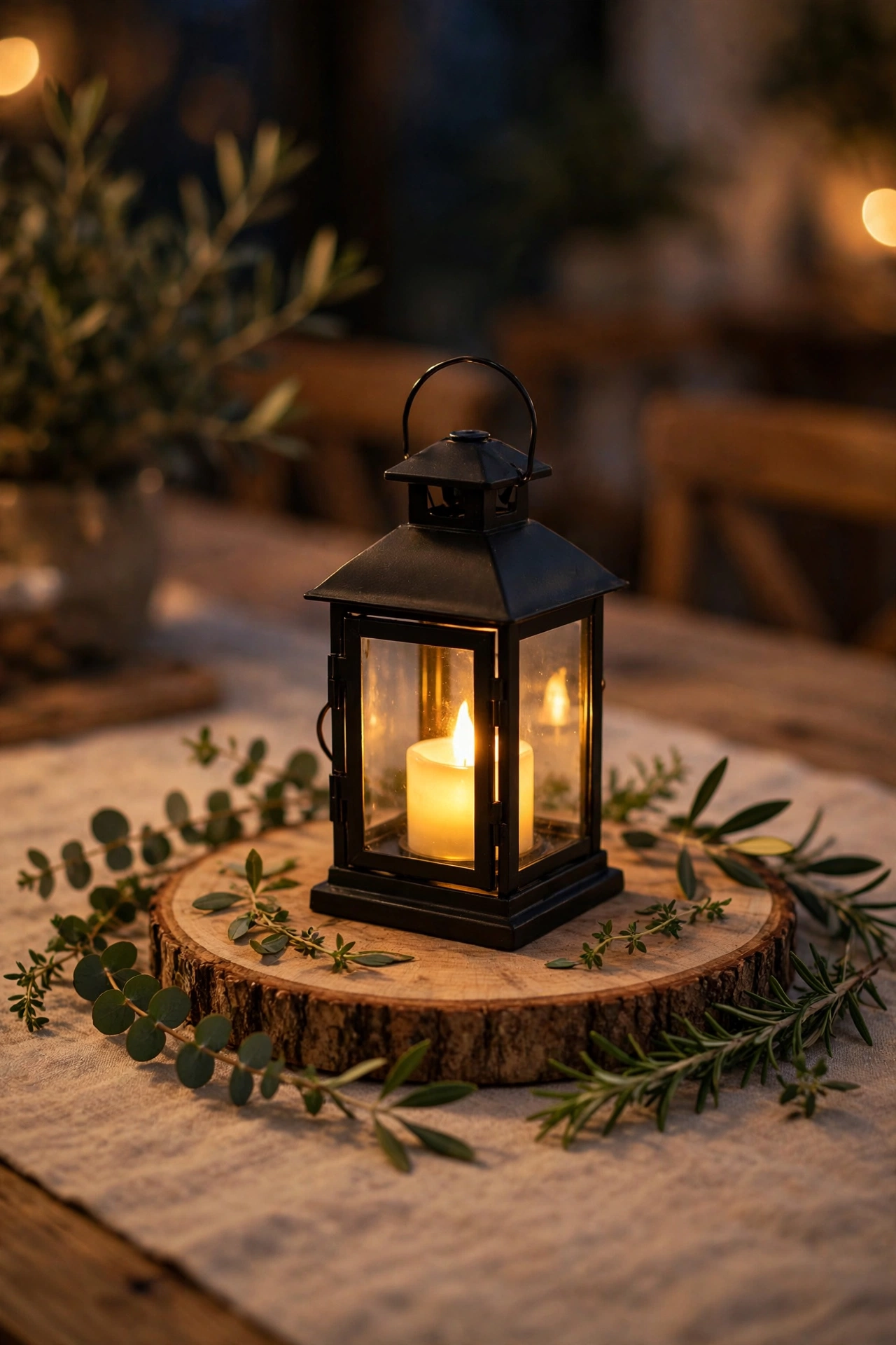 Black metal lantern with a battery candle on a wood slice with greenery