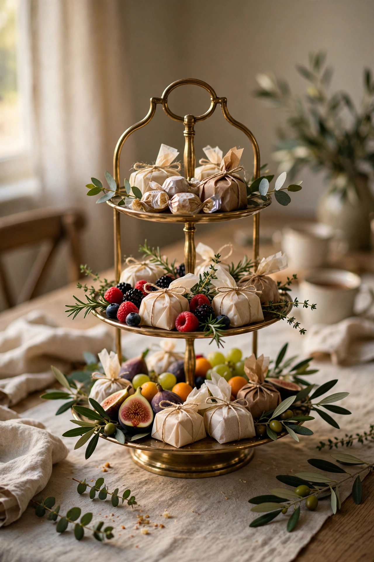 Three-tier stand with wrapped sweets and fruit styled with greenery on a table