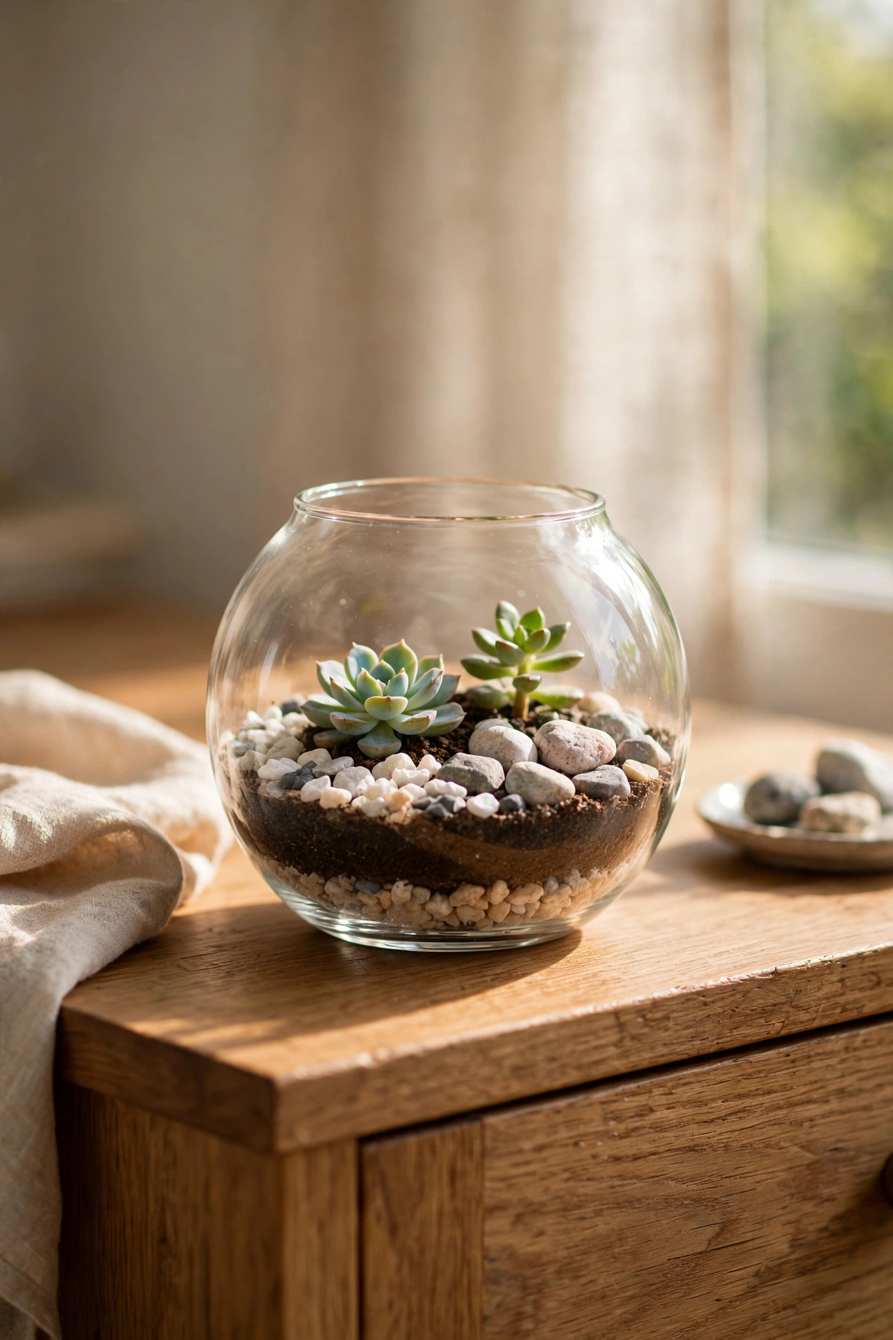 Small glass terrarium with succulents, pebbles and stones on a sideboard