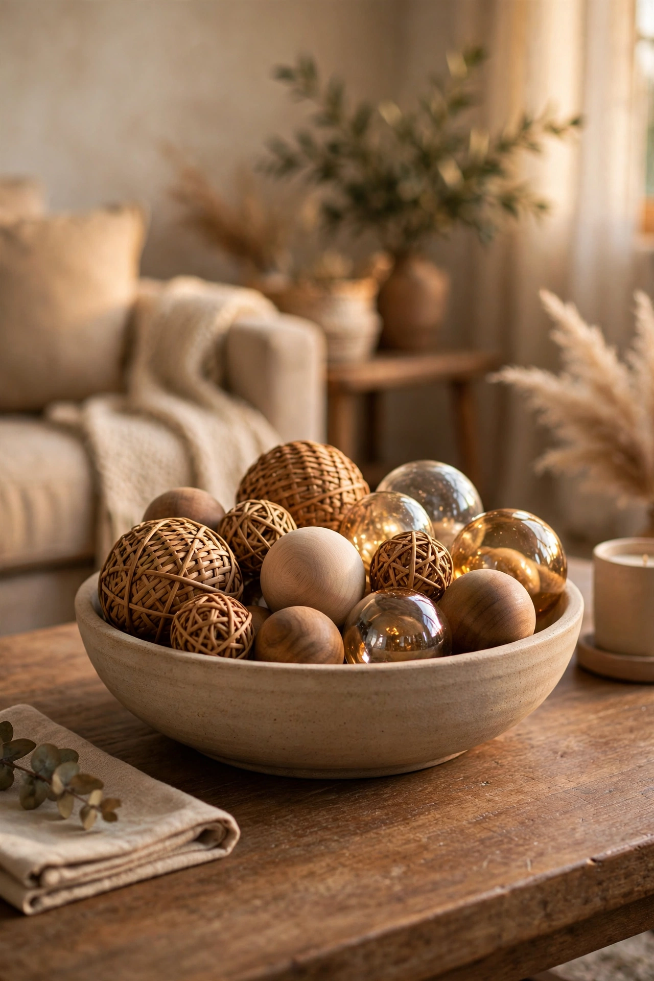 Shallow bowl of mixed rattan, wooden and glass decorative orbs on a coffee table