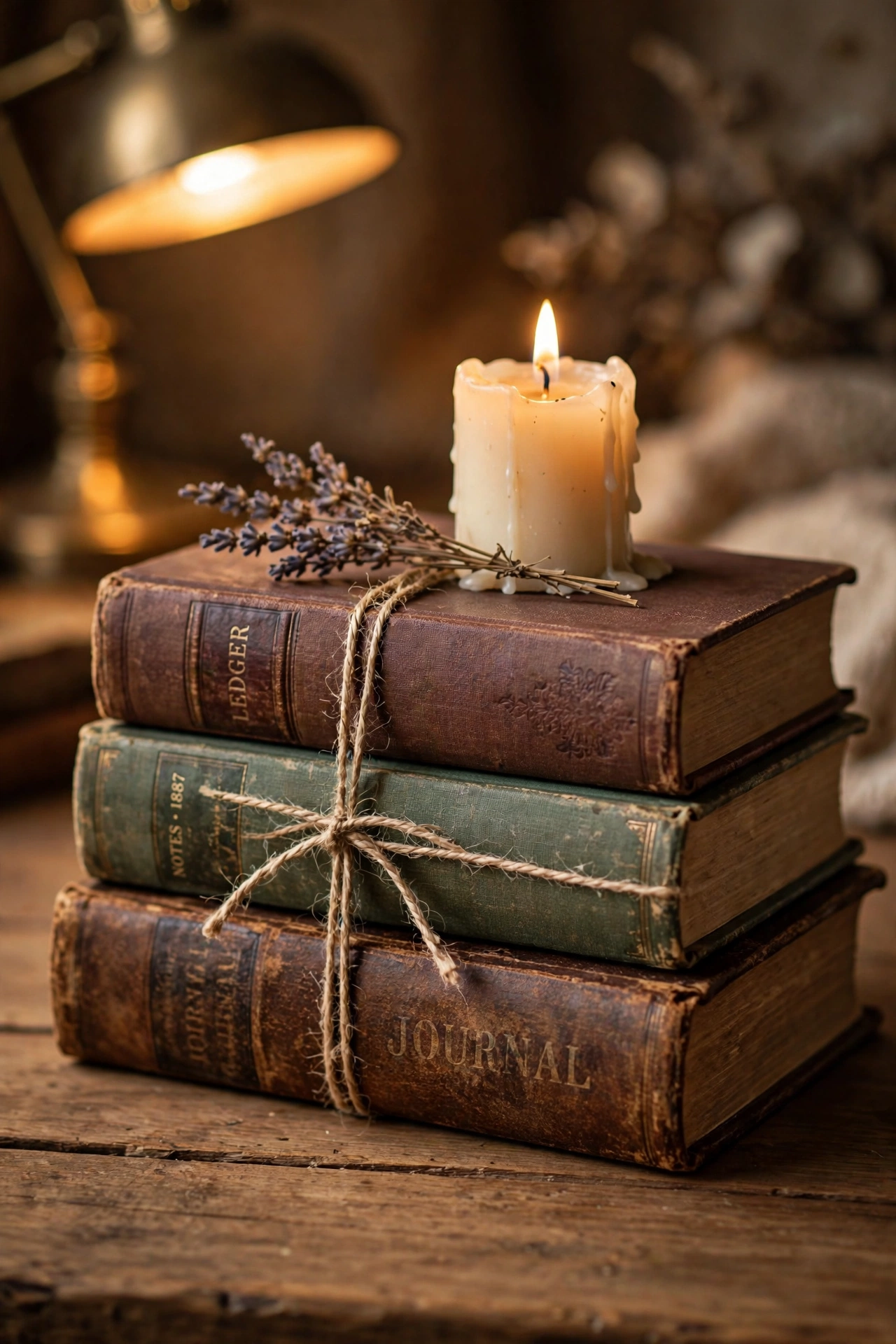 Stack of vintage hardback books topped with a small candle tied with twine