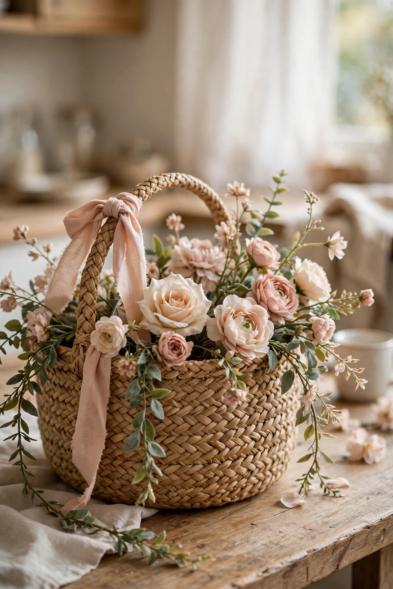 Woven basket with loose faux flower stems and a ribbon on the handle