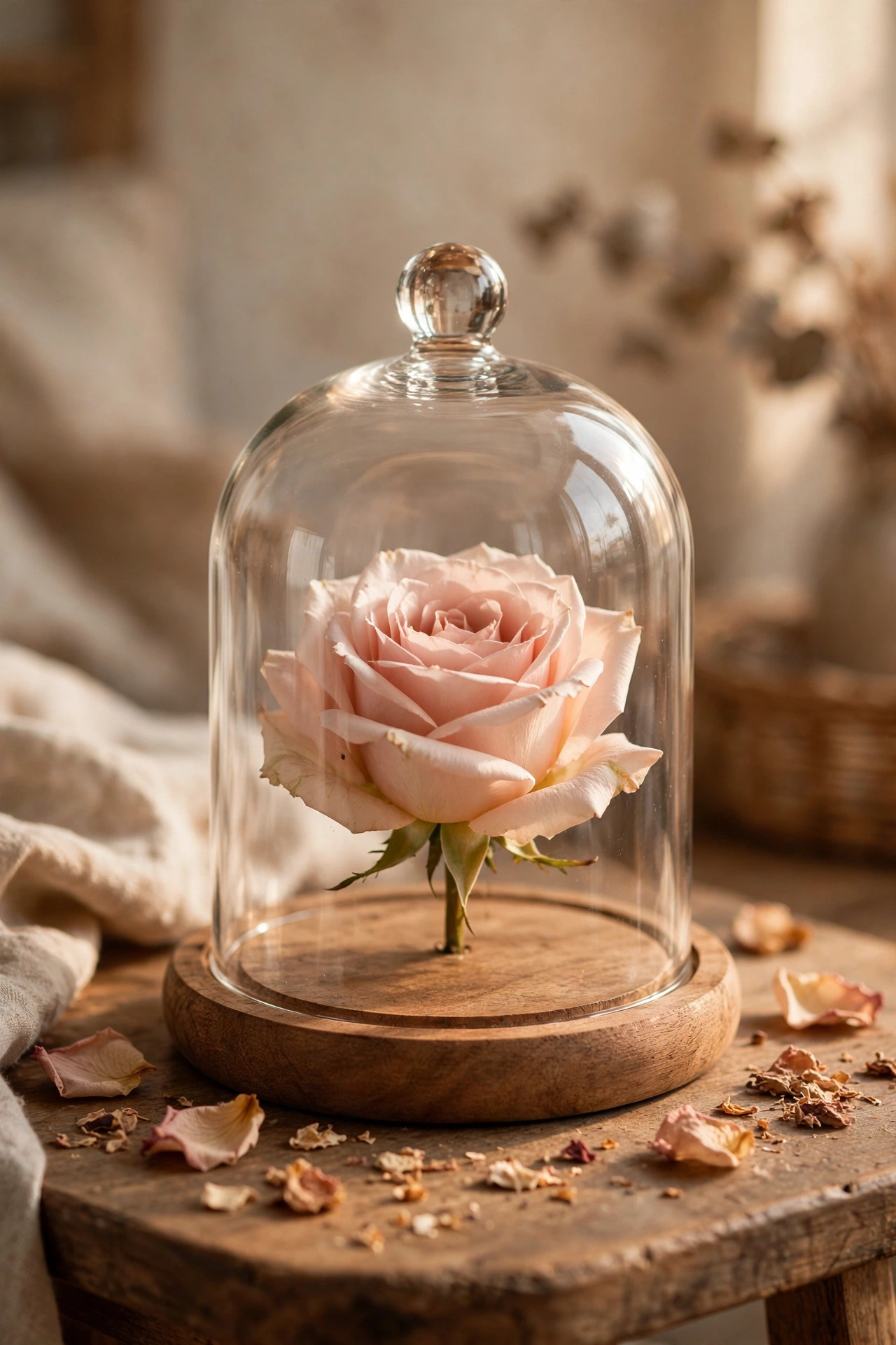 Glass cloche over a single rose on a wooden base with dried petals