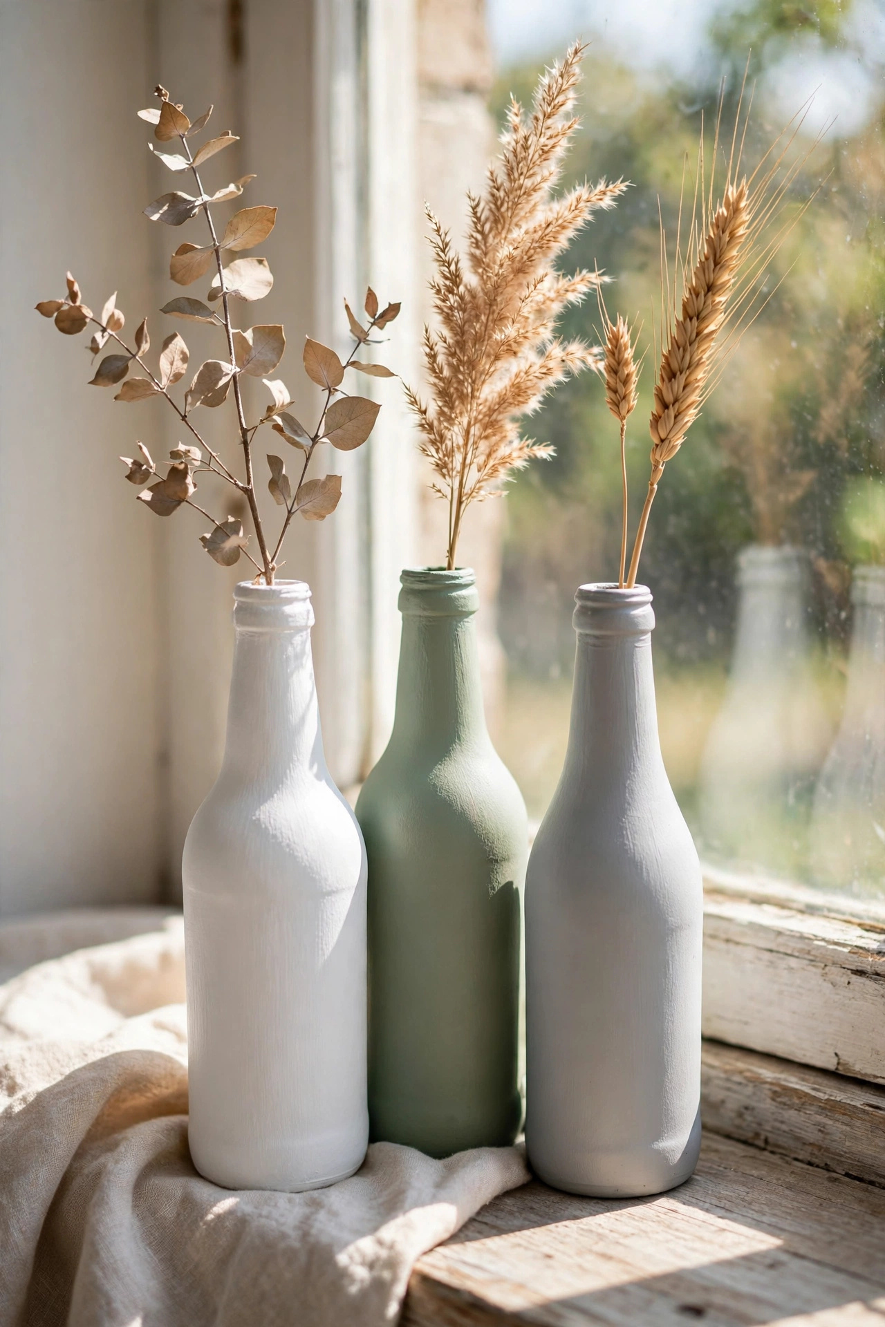 Three matte-painted glass bottles in white, sage and grey as single-stem vases