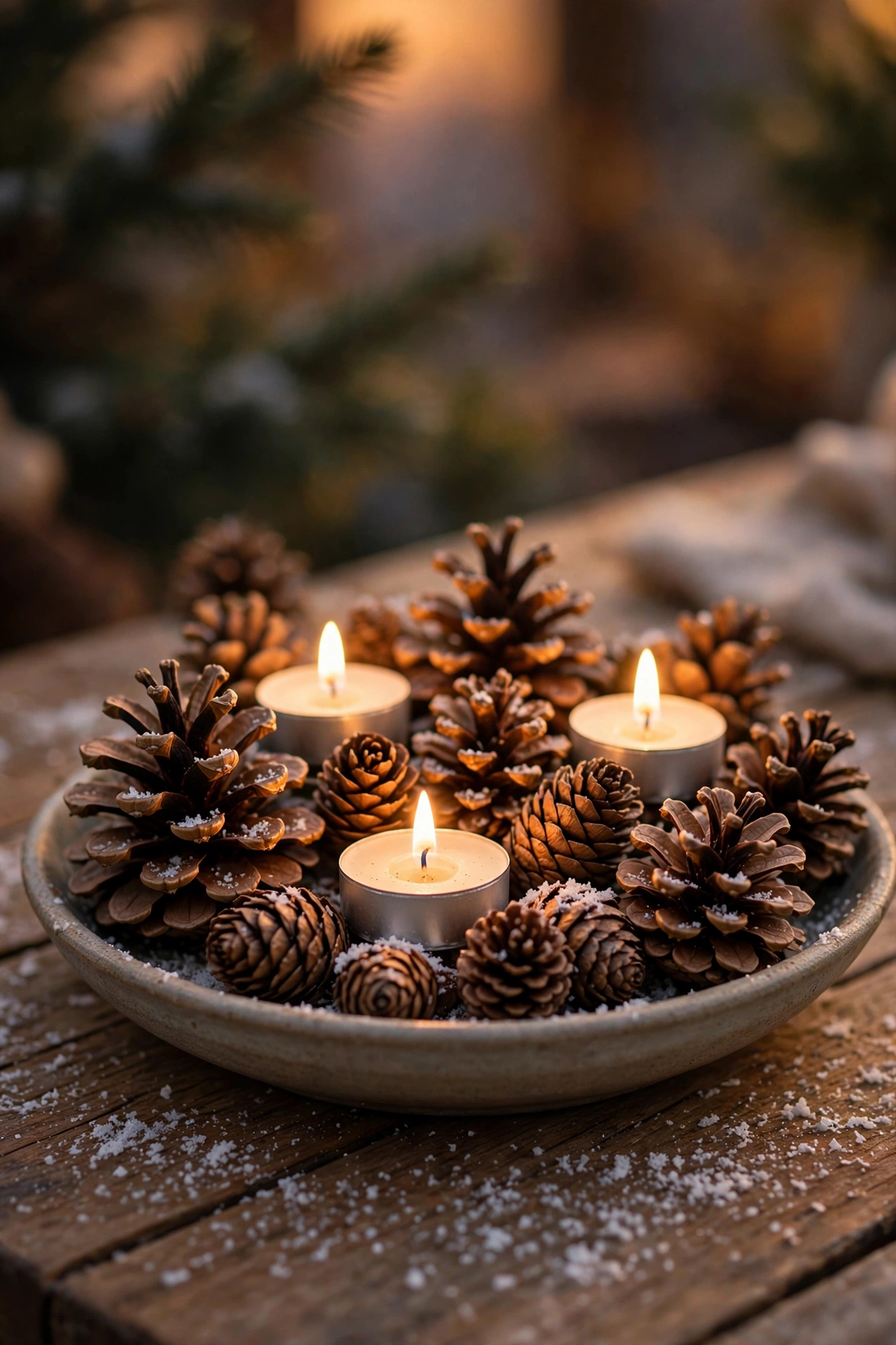 Shallow bowl of pinecones with tea lights dusted with fake snow