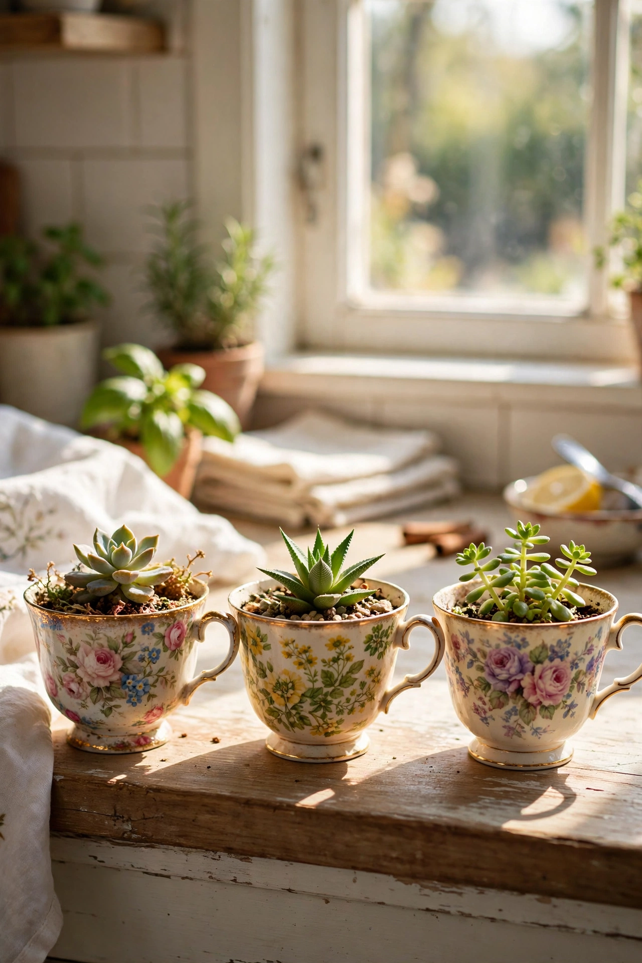 Three mismatched vintage teacups planted with small succulents on a windowsill