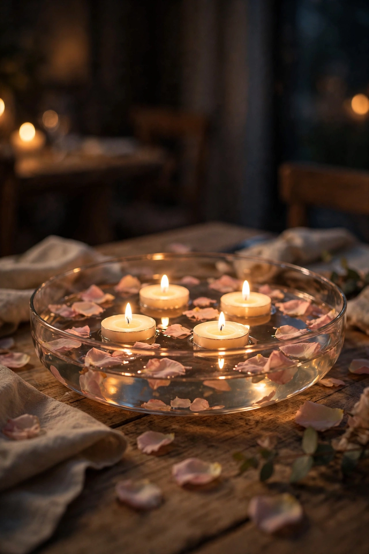 Shallow bowl of water with floating tea lights and scattered petals at night