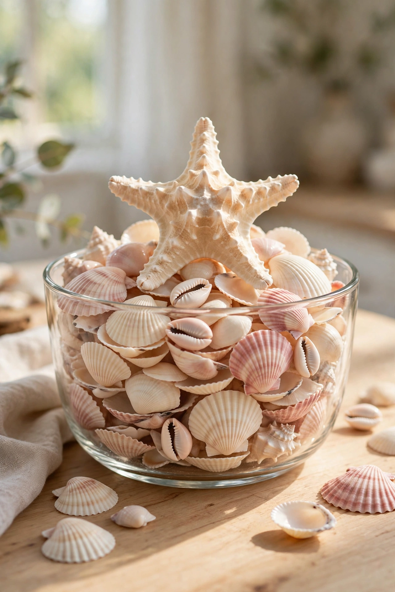 Clear glass bowl of whole seashells with a large star shell on a table