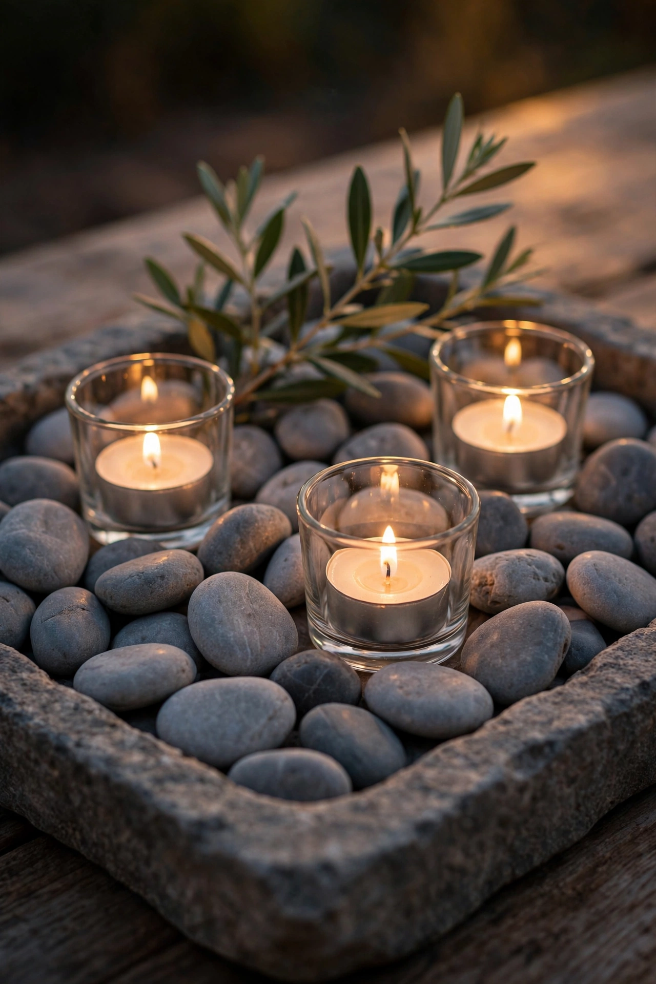 Shallow tray of smooth polished pebbles with glass tea-light holders and greenery