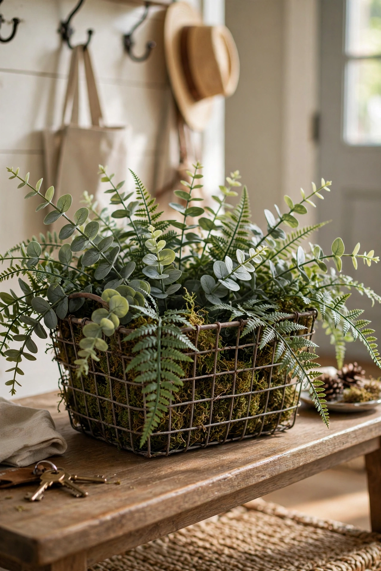 Wire basket lined with moss and filled with eucalyptus and fern stems