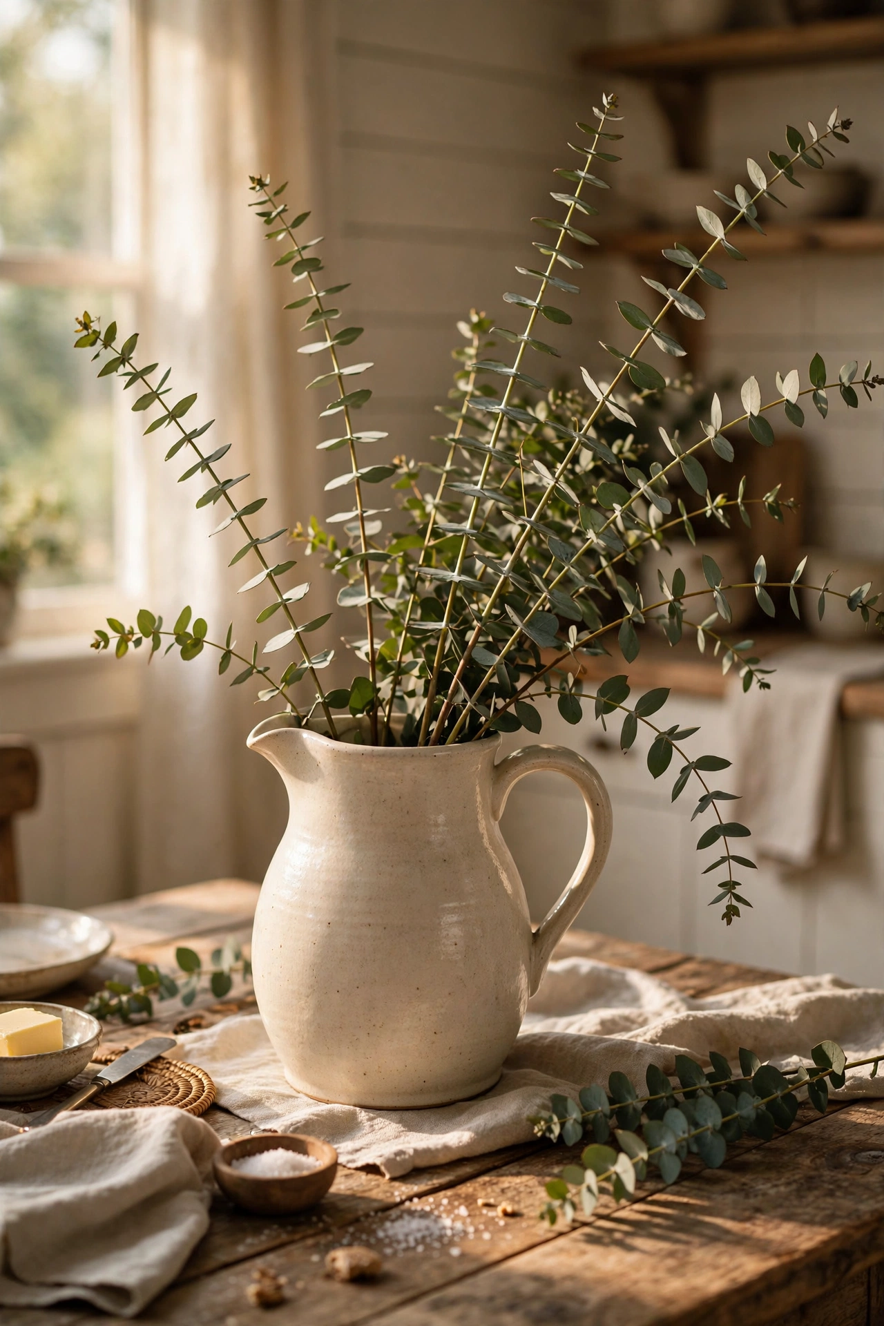 Cream ceramic pitcher with tall eucalyptus stems on a kitchen table