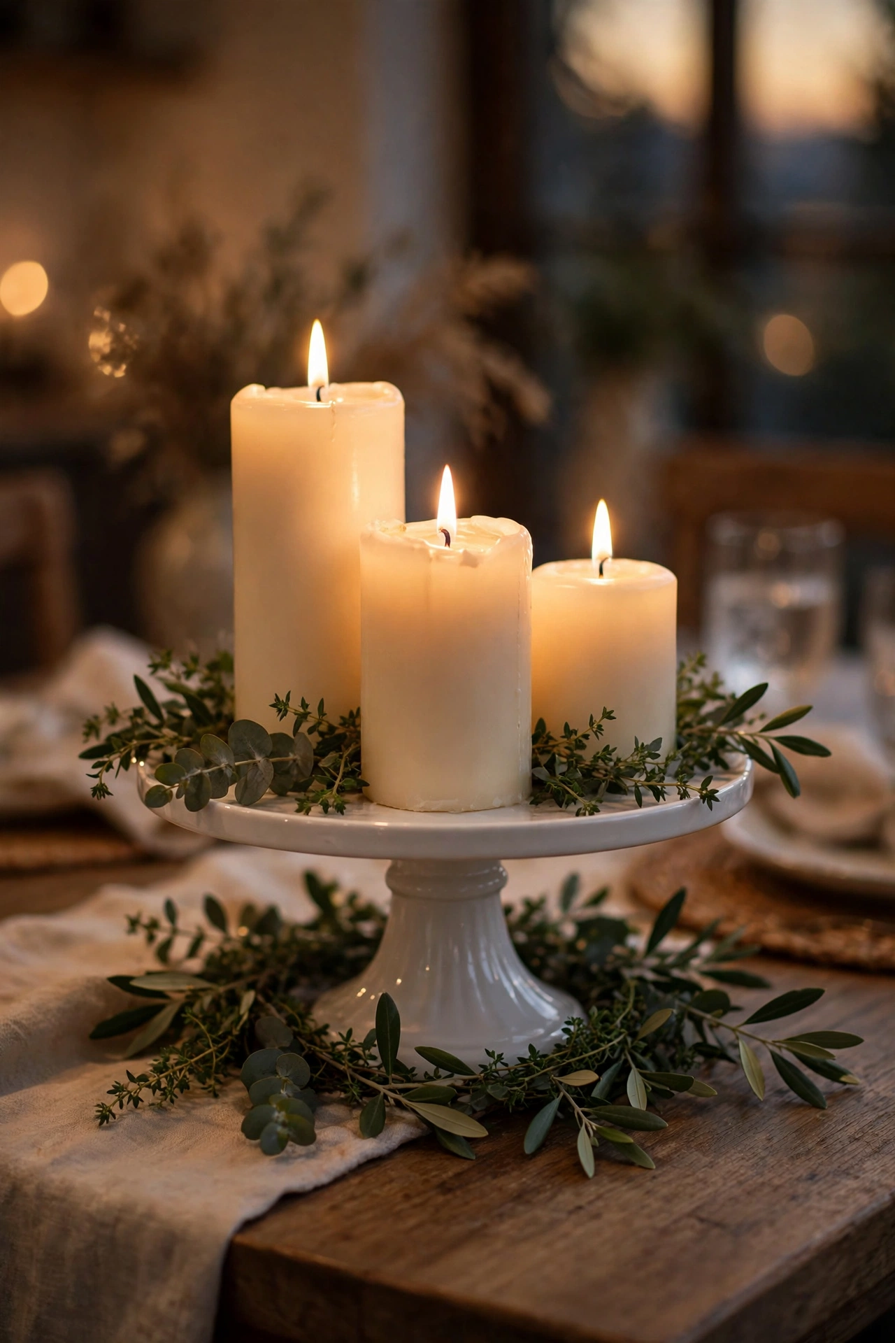 White cake stand with pillar candles of different heights and greenery
