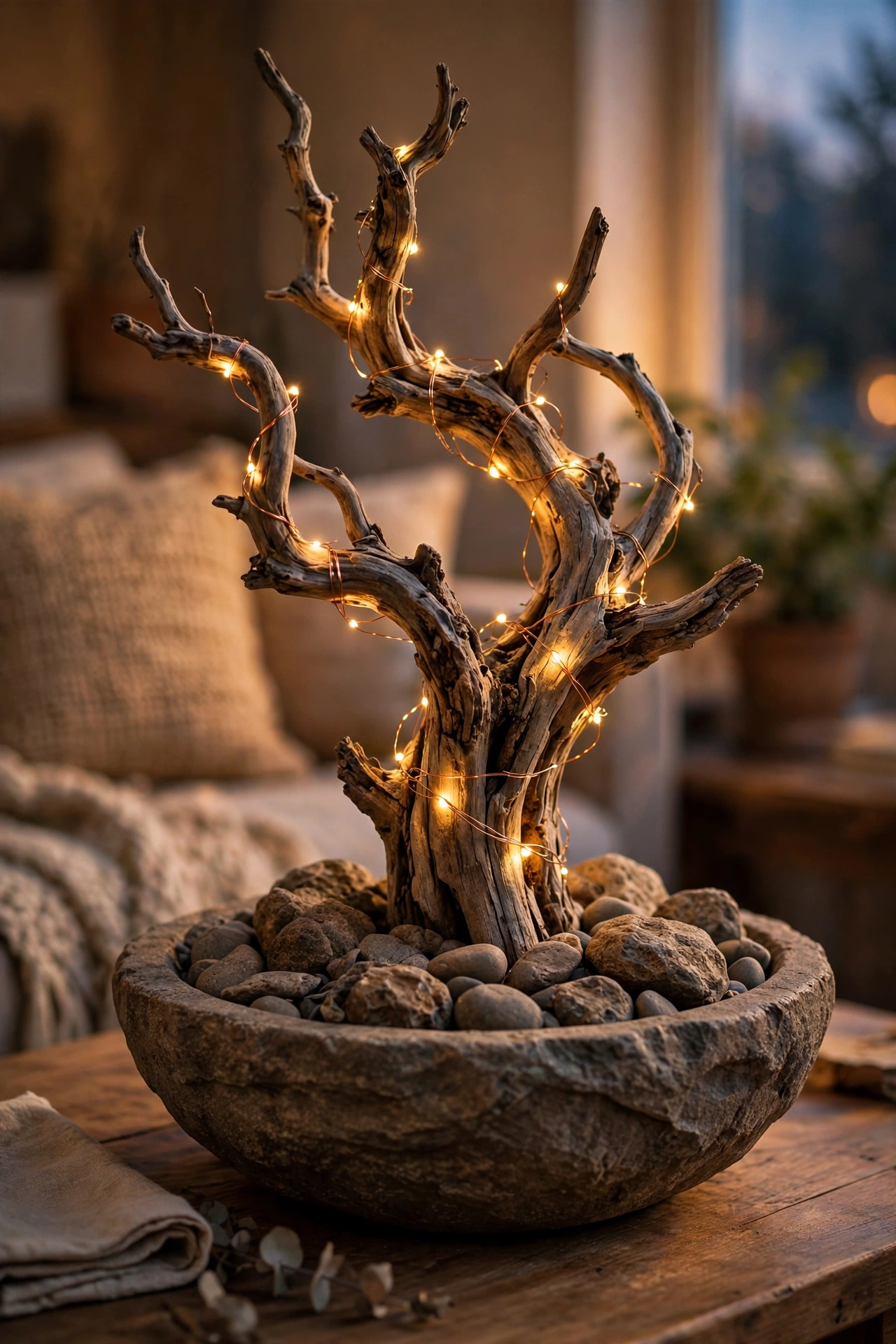 Interesting shaped driftwood piece in a stone bowl wrapped with fairy lights