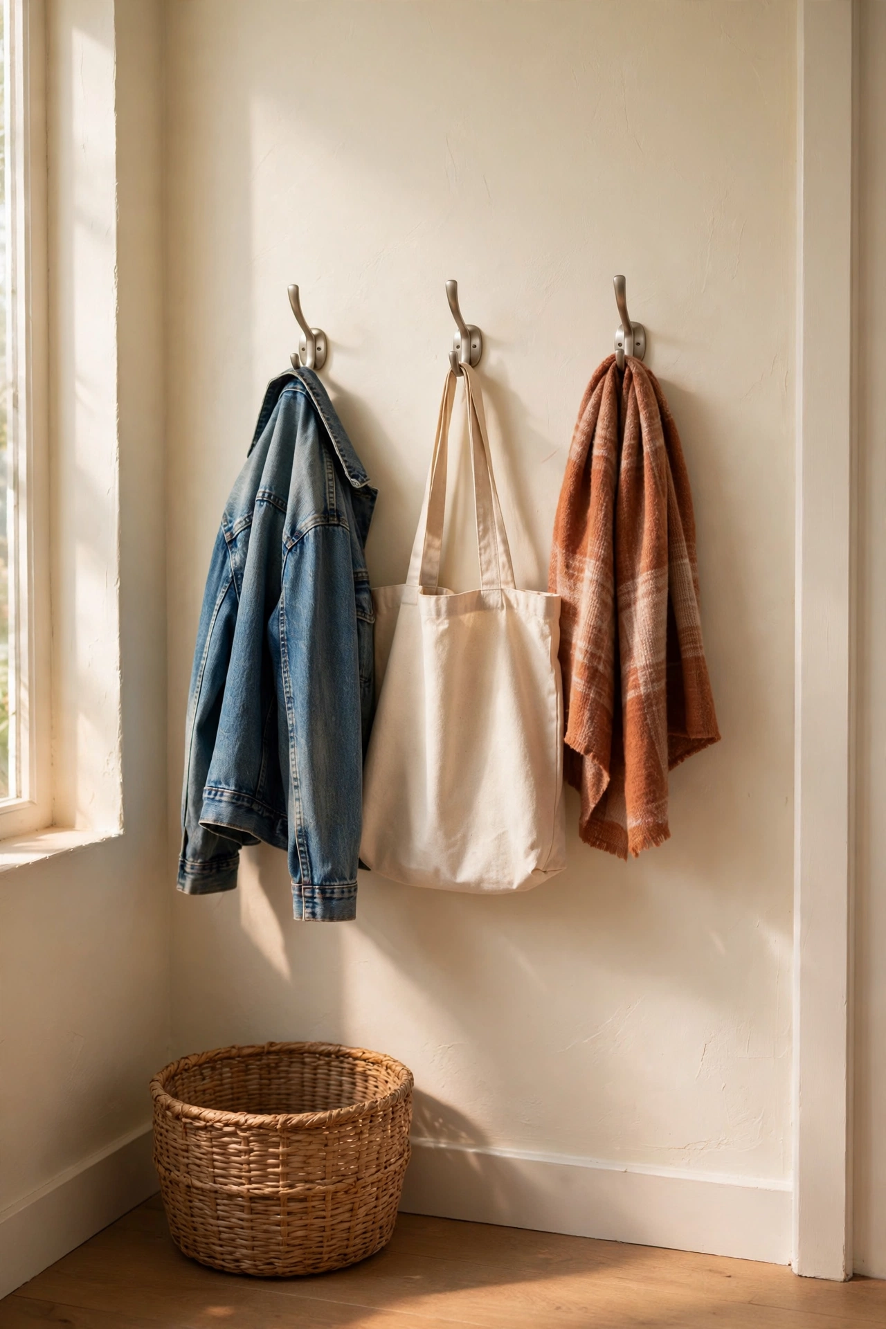 Row of adhesive removable coat hooks holding jackets on a pale entryway wall