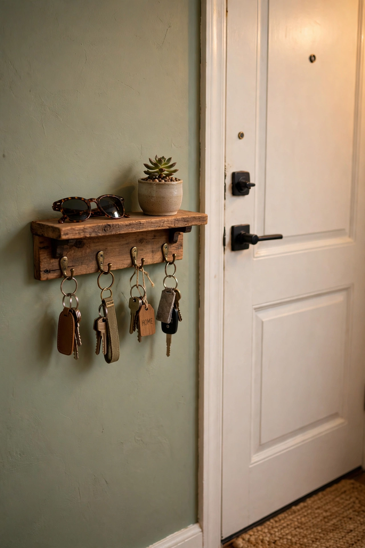 Wooden wall-mounted key holder shelf with hooks and keys beside a front door