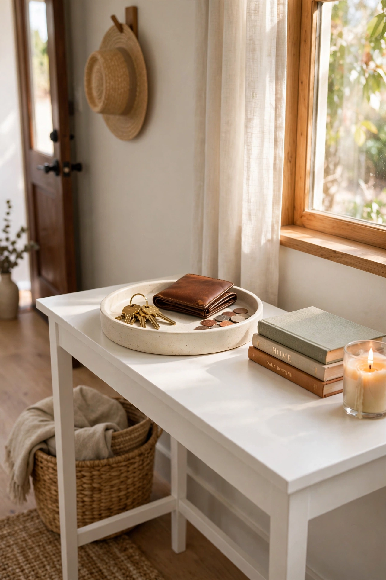 Decorative catch-all tray with keys and wallet on a slim entryway console table