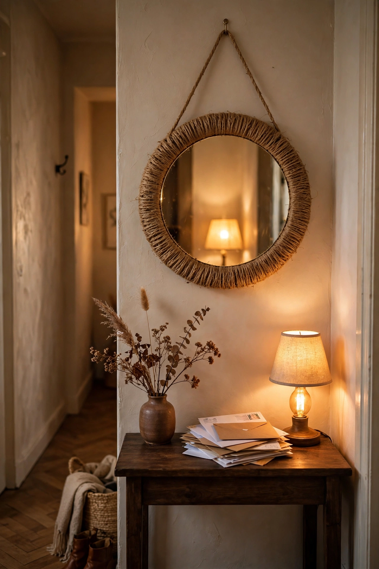 Round mirror with jute-wrapped frame hanging above an entryway console table