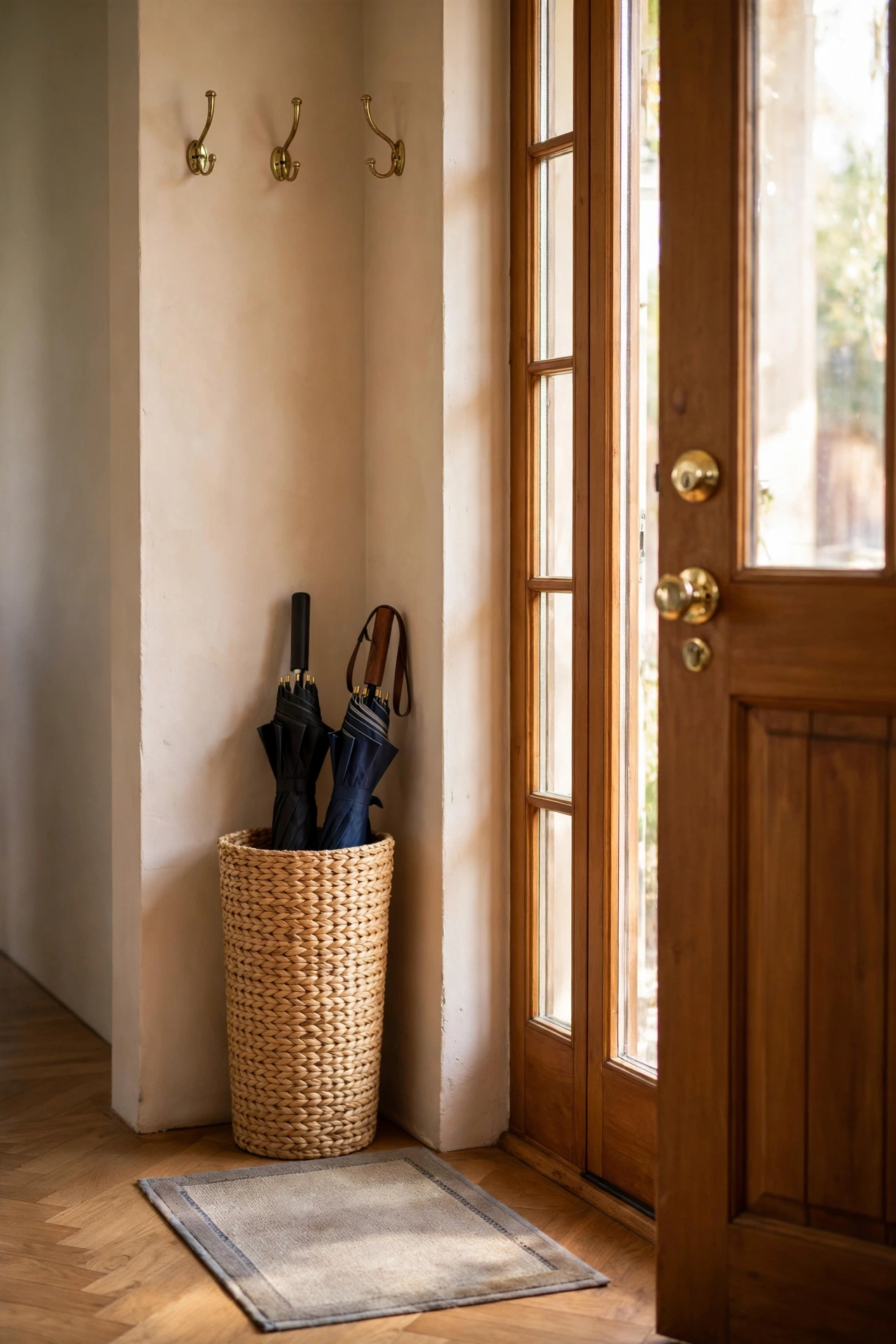 Tall woven umbrella stand with umbrellas in a hallway corner