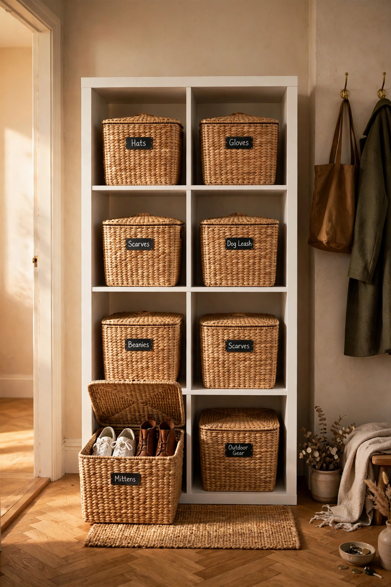 Lidded woven cubby baskets storing shoes in an entryway cube shelf