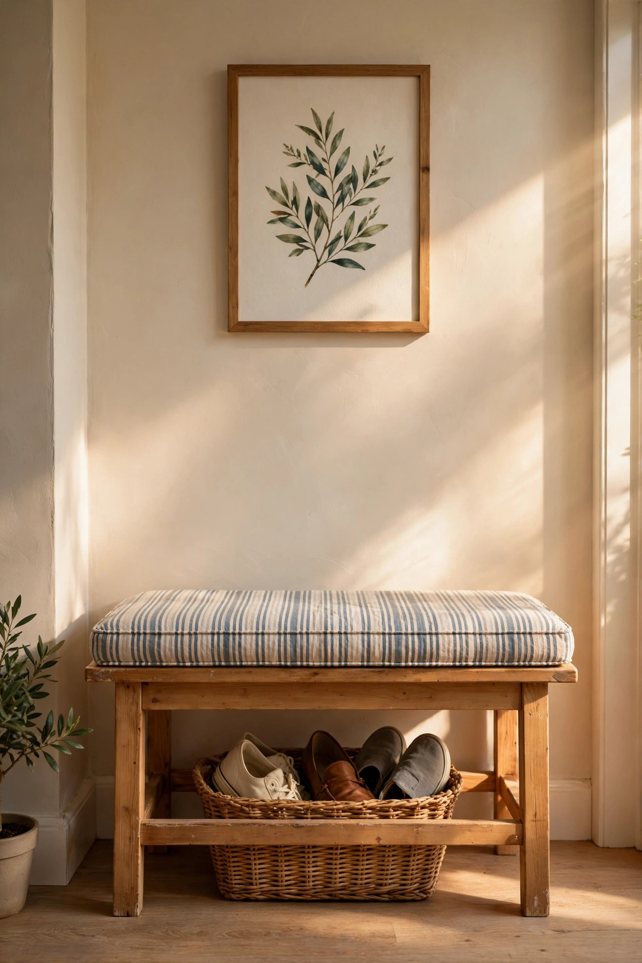 Handmade striped fabric cushion on a wooden entryway bench