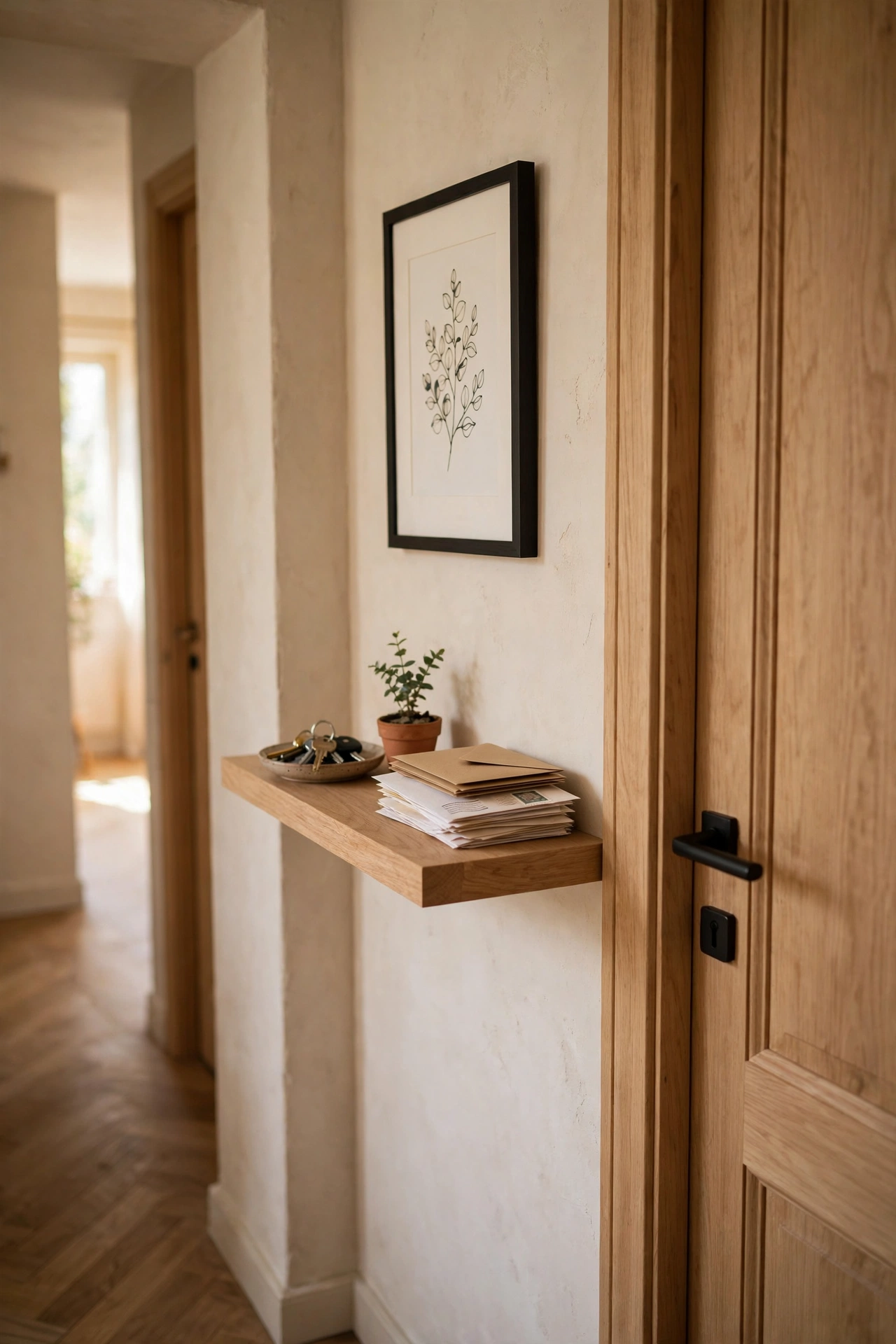 Floating wooden shelf with keys and a small plant in a narrow entryway