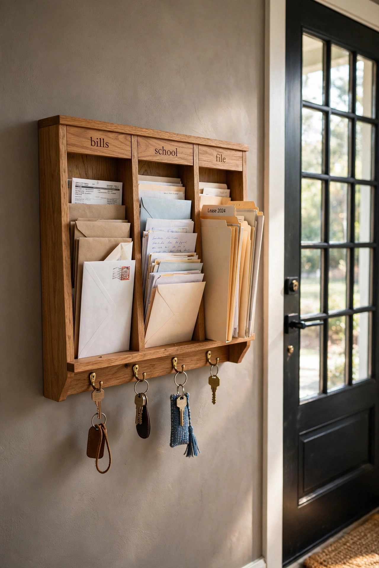 Wooden wall-mounted mail sorter with labelled slots beside a front door